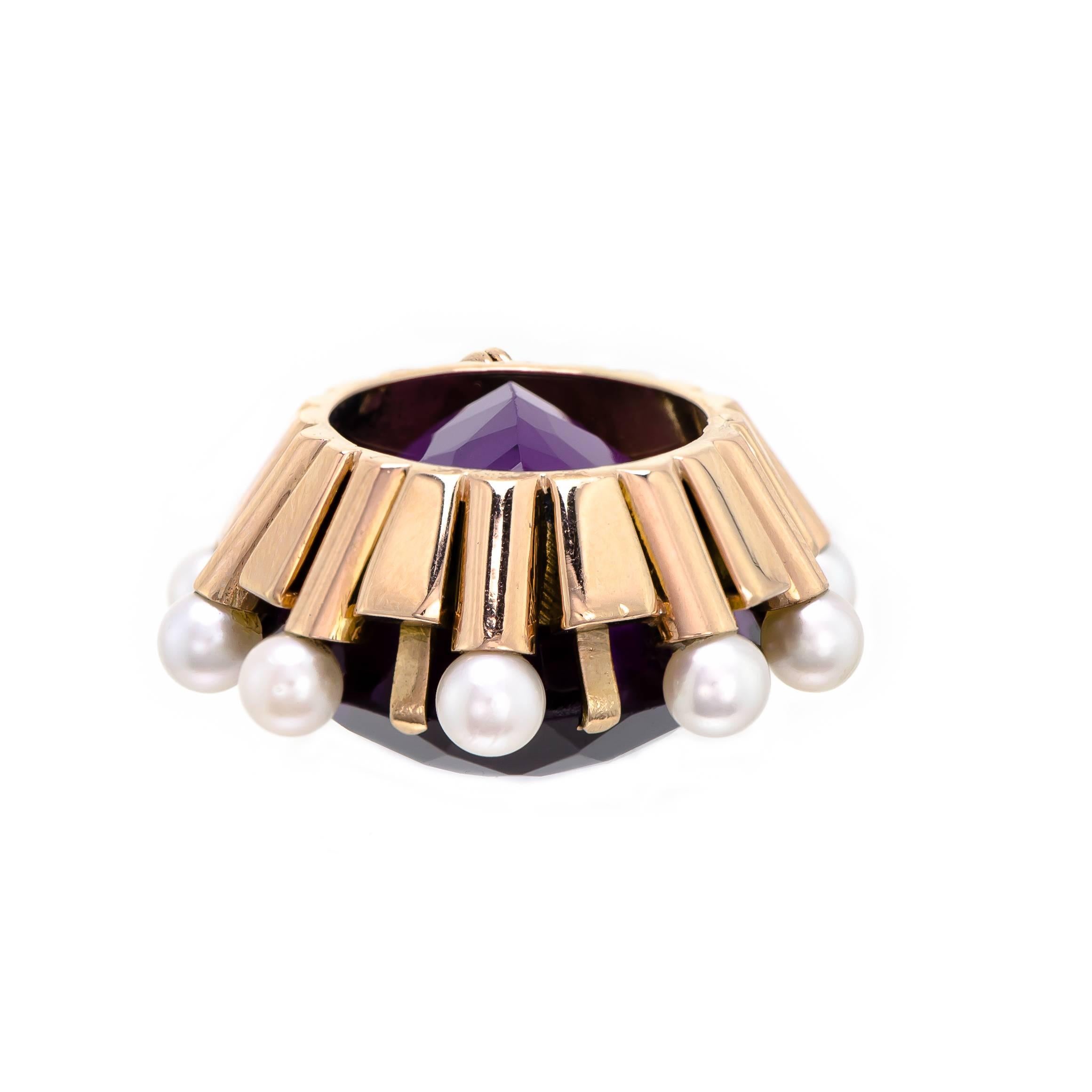 Women's Stunning Large Retro Amethyst and Cultured Pearl 14 Karat Rose Gold Pendant For Sale