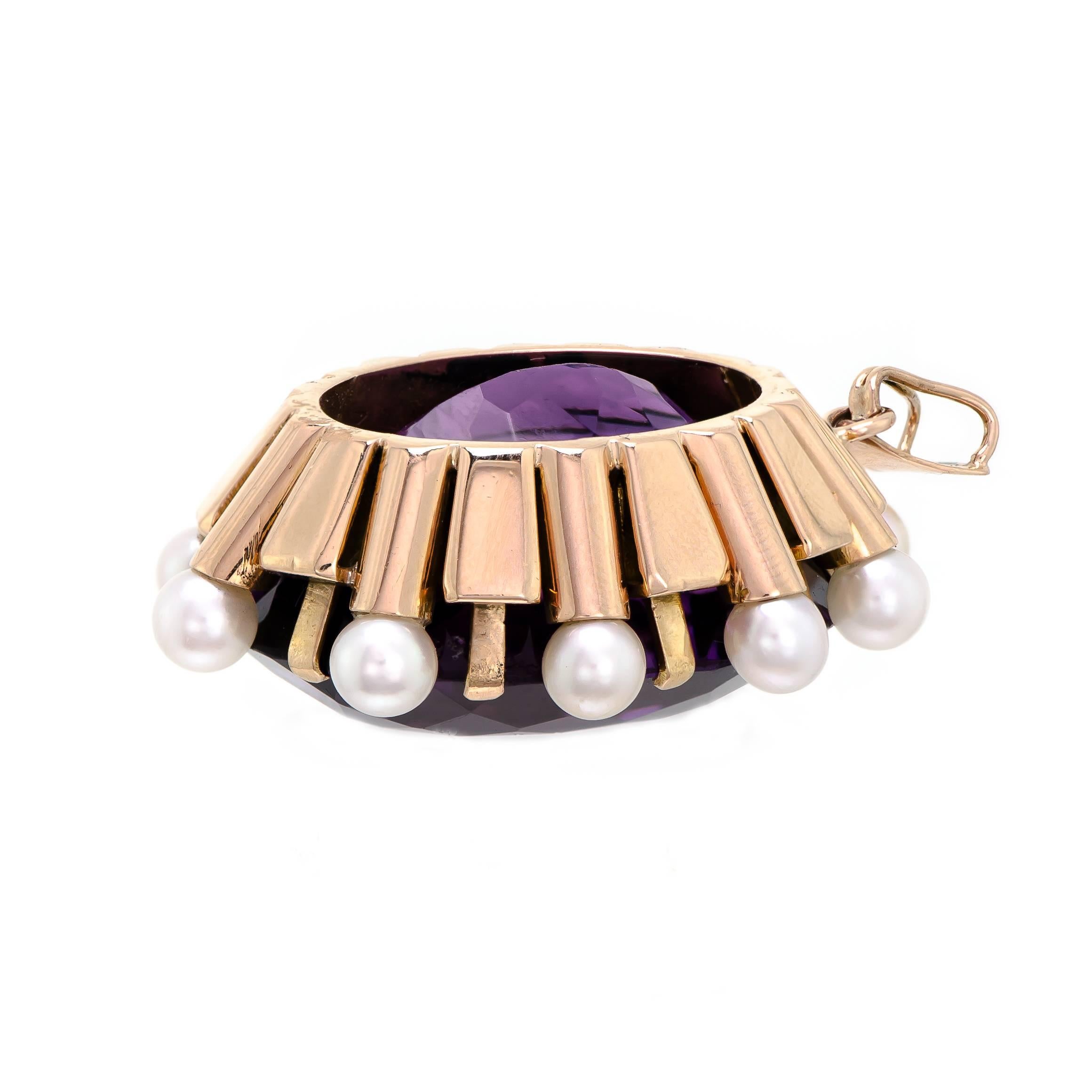Stunning Large Retro Amethyst and Cultured Pearl 14 Karat Rose Gold Pendant For Sale 1