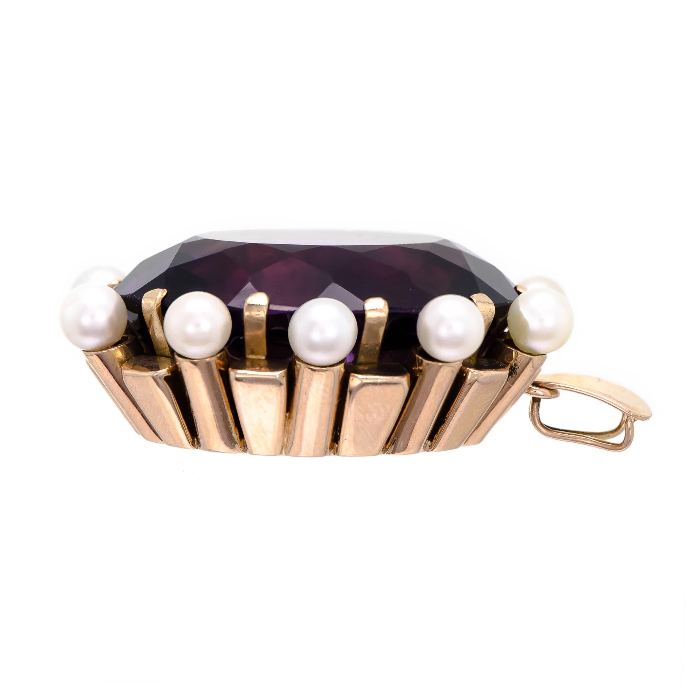 Stunning Large Retro Amethyst and Cultured Pearl 14 Karat Rose Gold Pendant For Sale 2