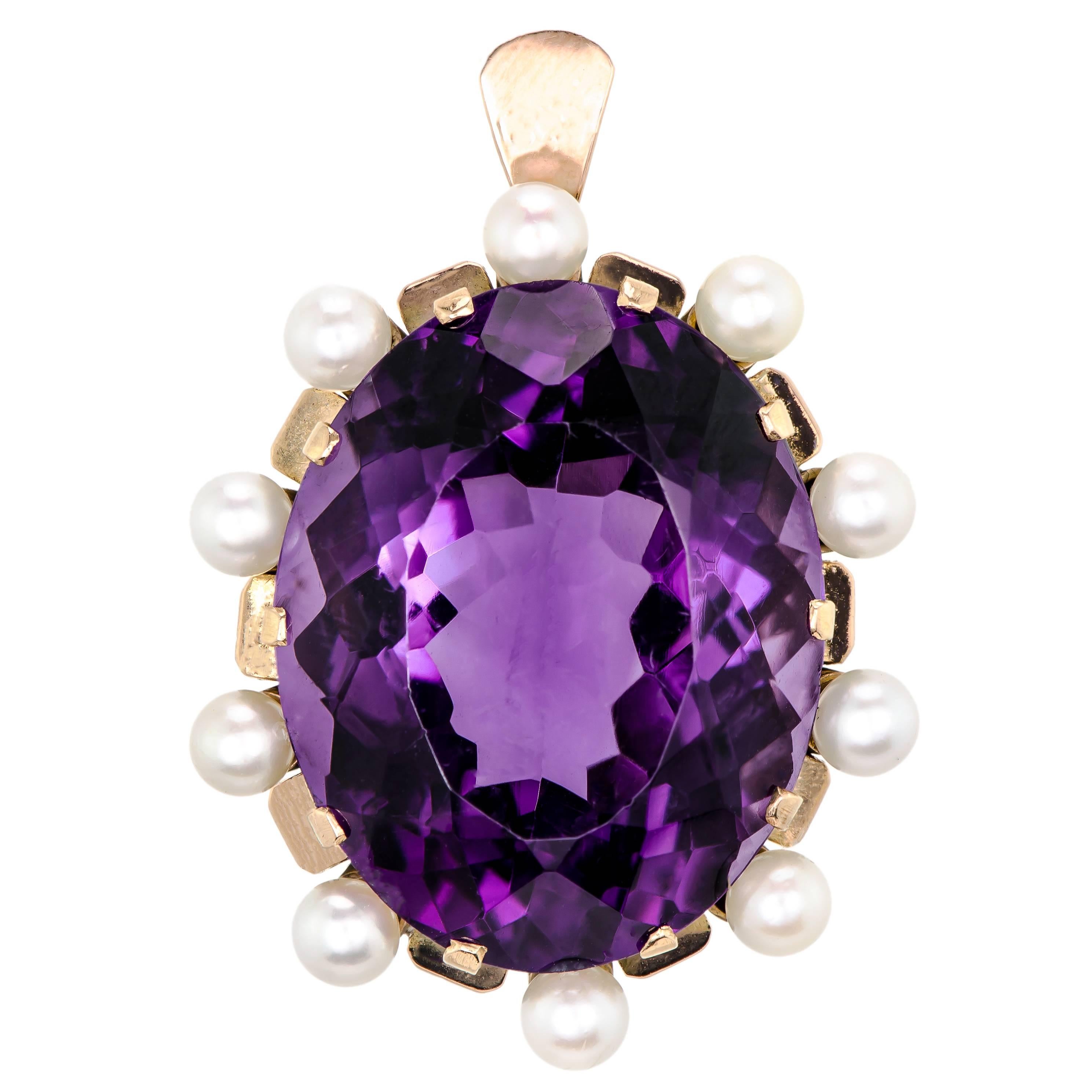 Stunning Large Retro Amethyst and Cultured Pearl 14 Karat Rose Gold Pendant For Sale