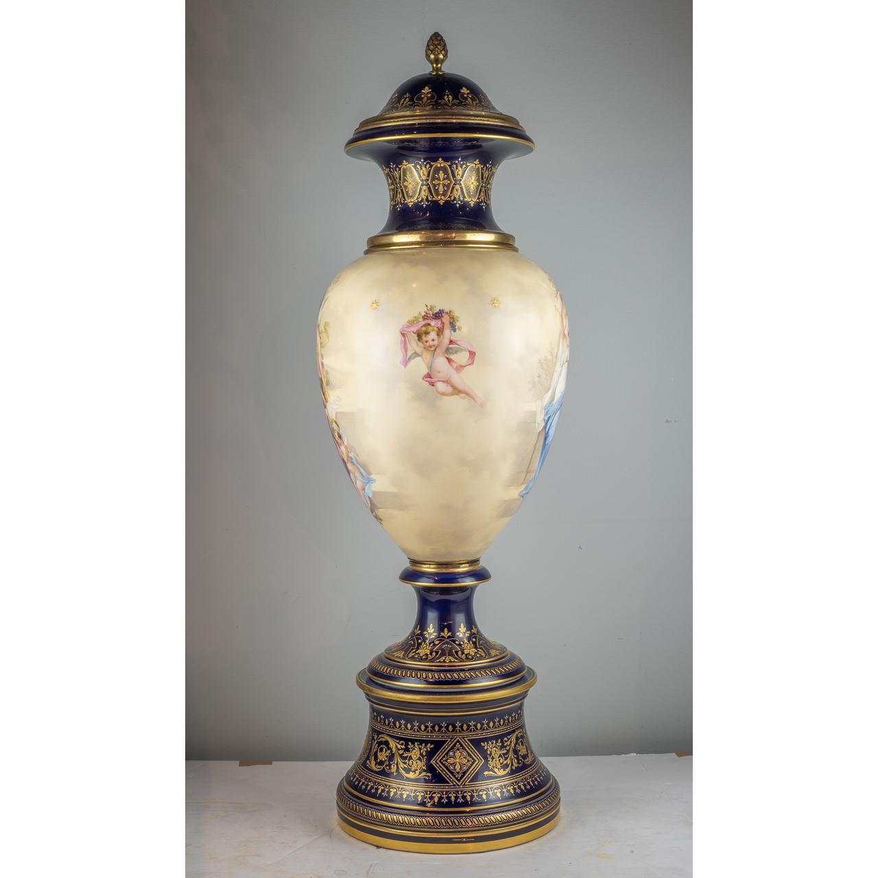 Cobalt blue ground beaded with raised gold decoration urn with fabulous hand painting. 

Origin: Austrian
Date: 19th century
Dimension: 39 in. x 12 in.