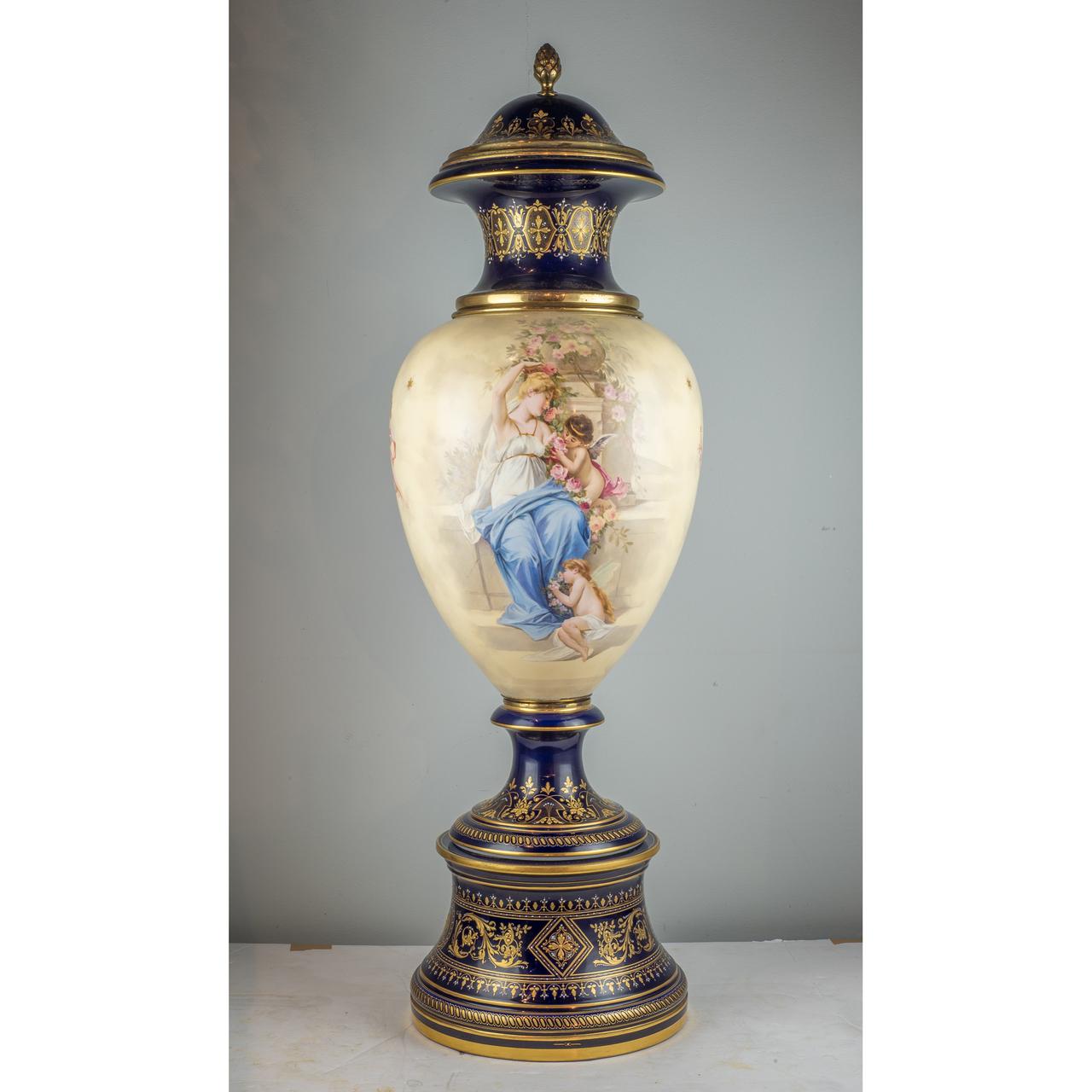 Austrian Stunning Large Royal Vienna-Style Painted Porcelain Covered Urns For Sale