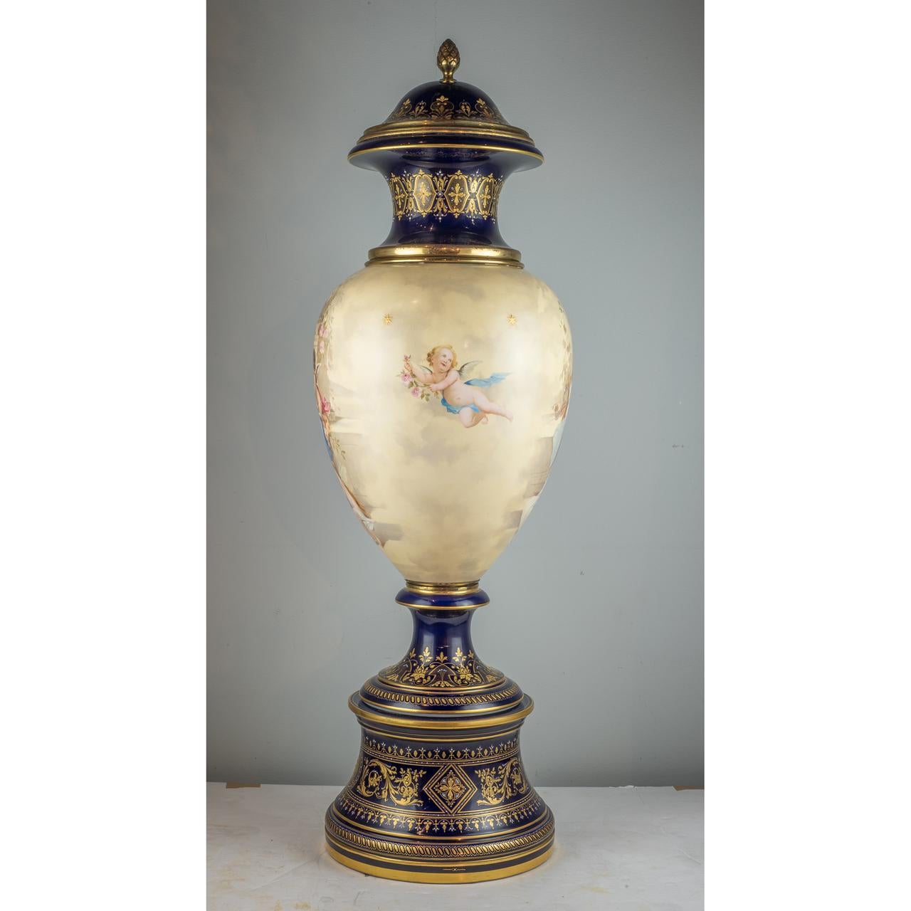 Gilt Stunning Large Royal Vienna-Style Painted Porcelain Covered Urns For Sale