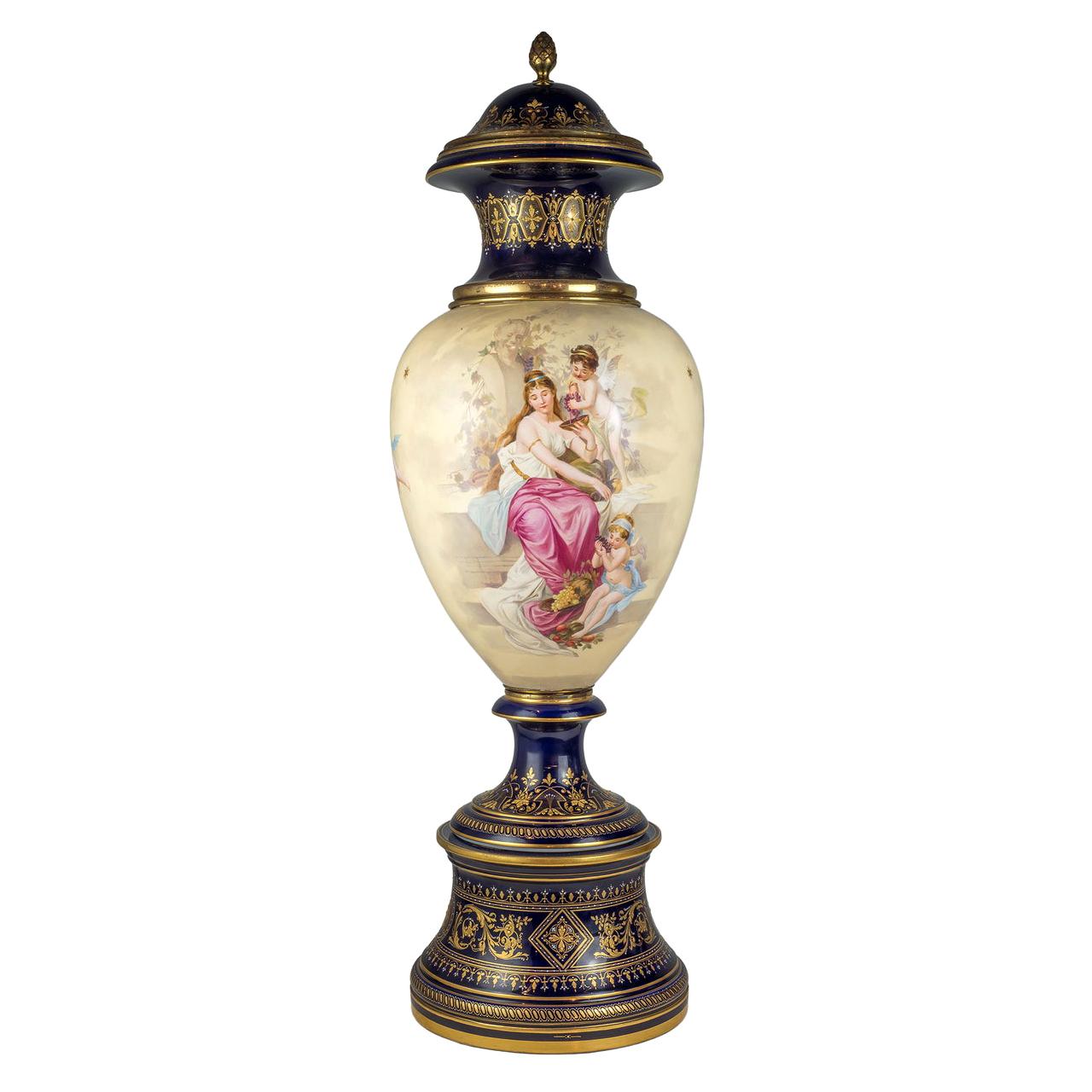 Stunning Large Royal Vienna-Style Painted Porcelain Covered Urns For Sale