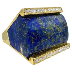 Stunning, Large Scale, Mid-20th Century 14k Gold, Lapis-Lazuli and Diamond Ring