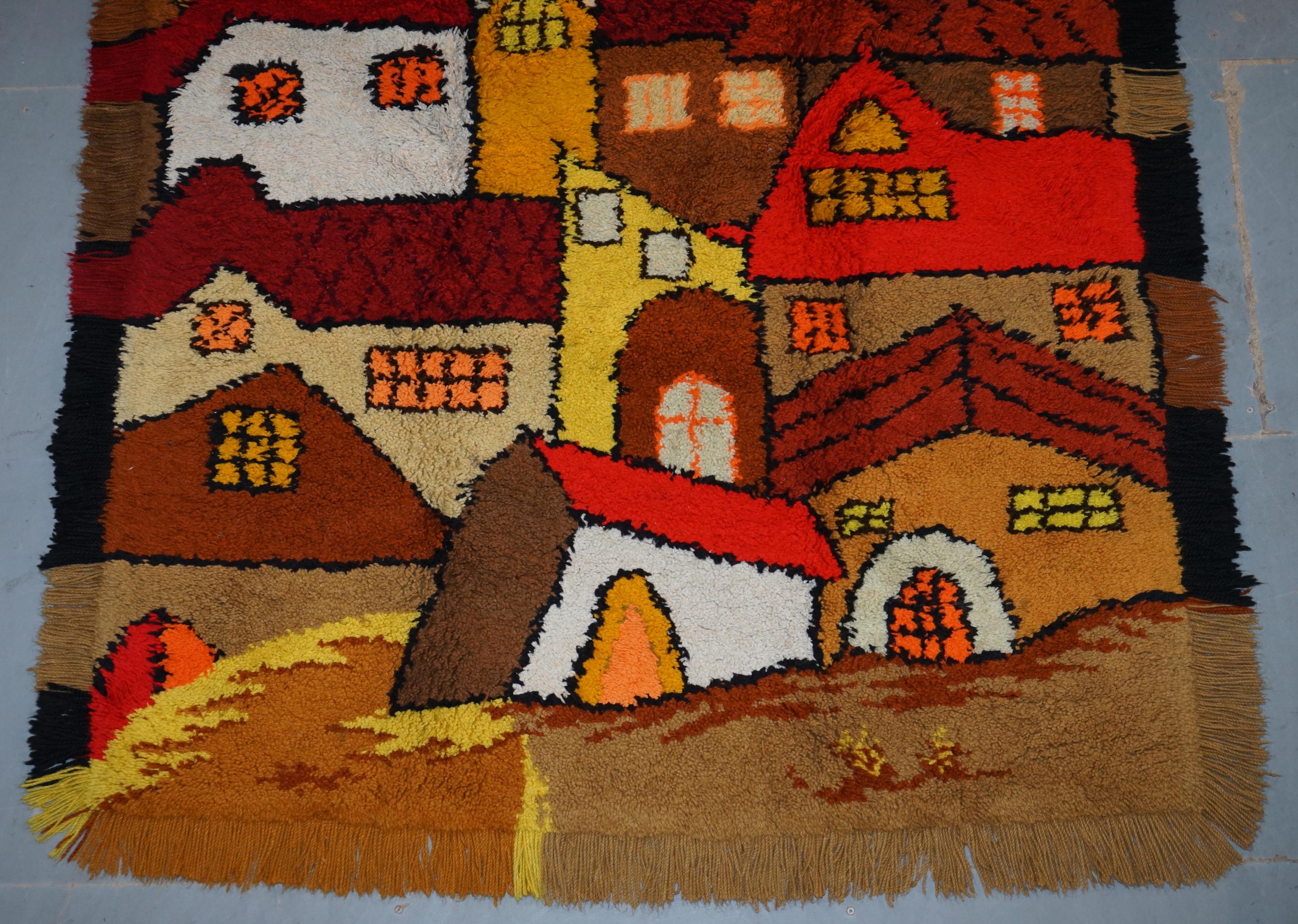 English Stunning Large Shag Pile Rug Depicting Houses in the Style of L.S Lowry For Sale