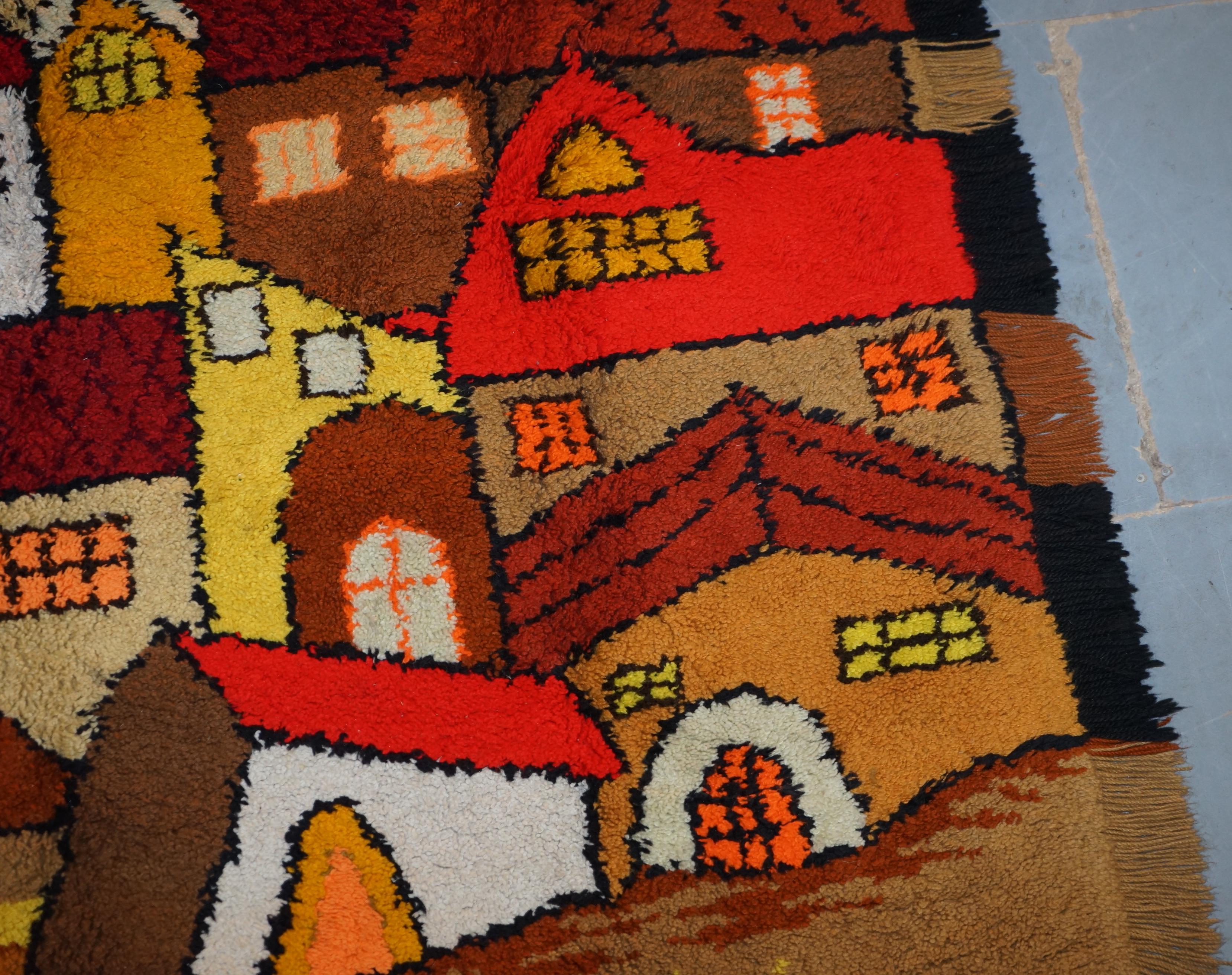 Hand-Crafted Stunning Large Shag Pile Rug Depicting Houses in the Style of L.S Lowry For Sale