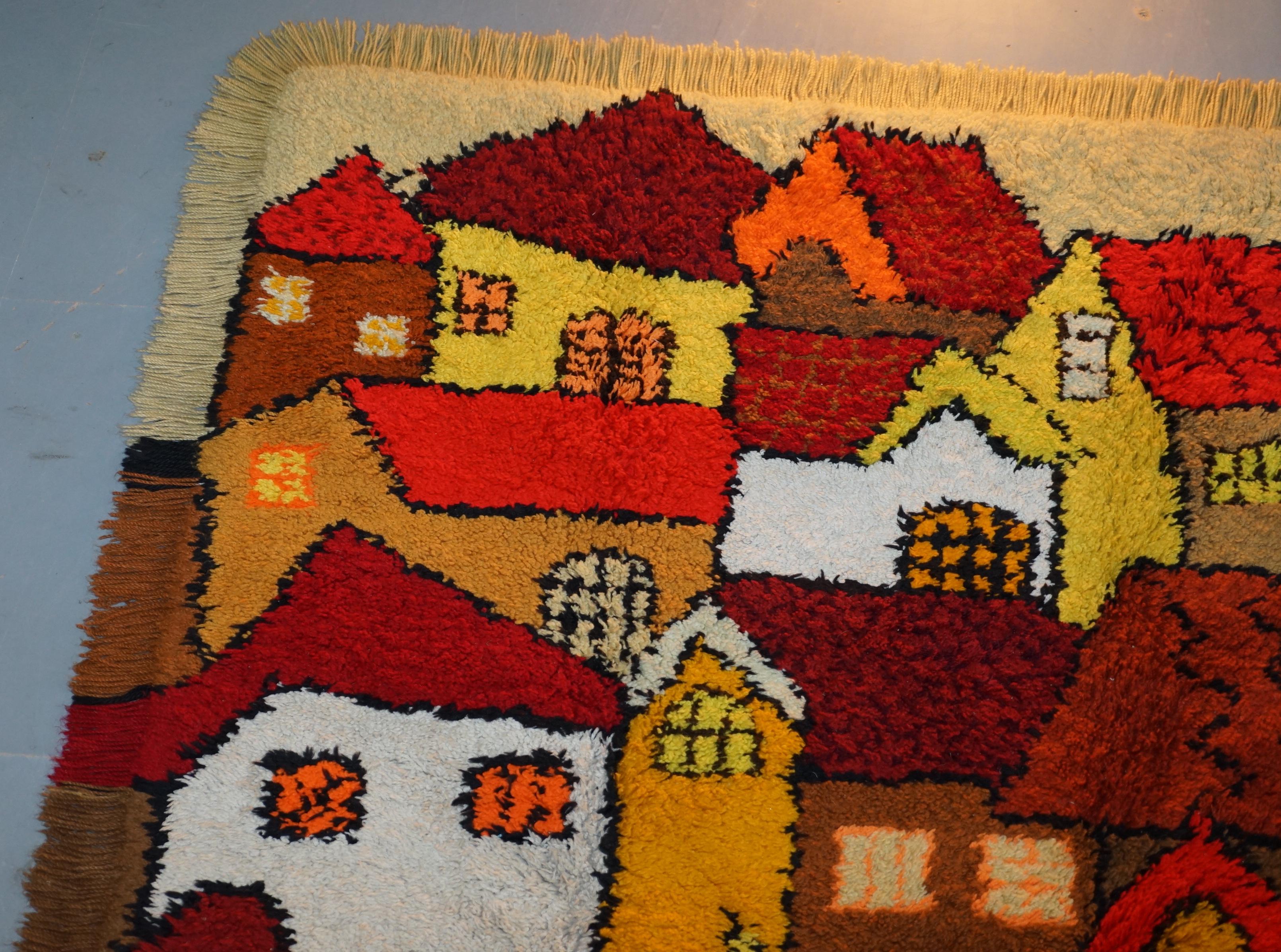 20th Century Stunning Large Shag Pile Rug Depicting Houses in the Style of L.S Lowry For Sale