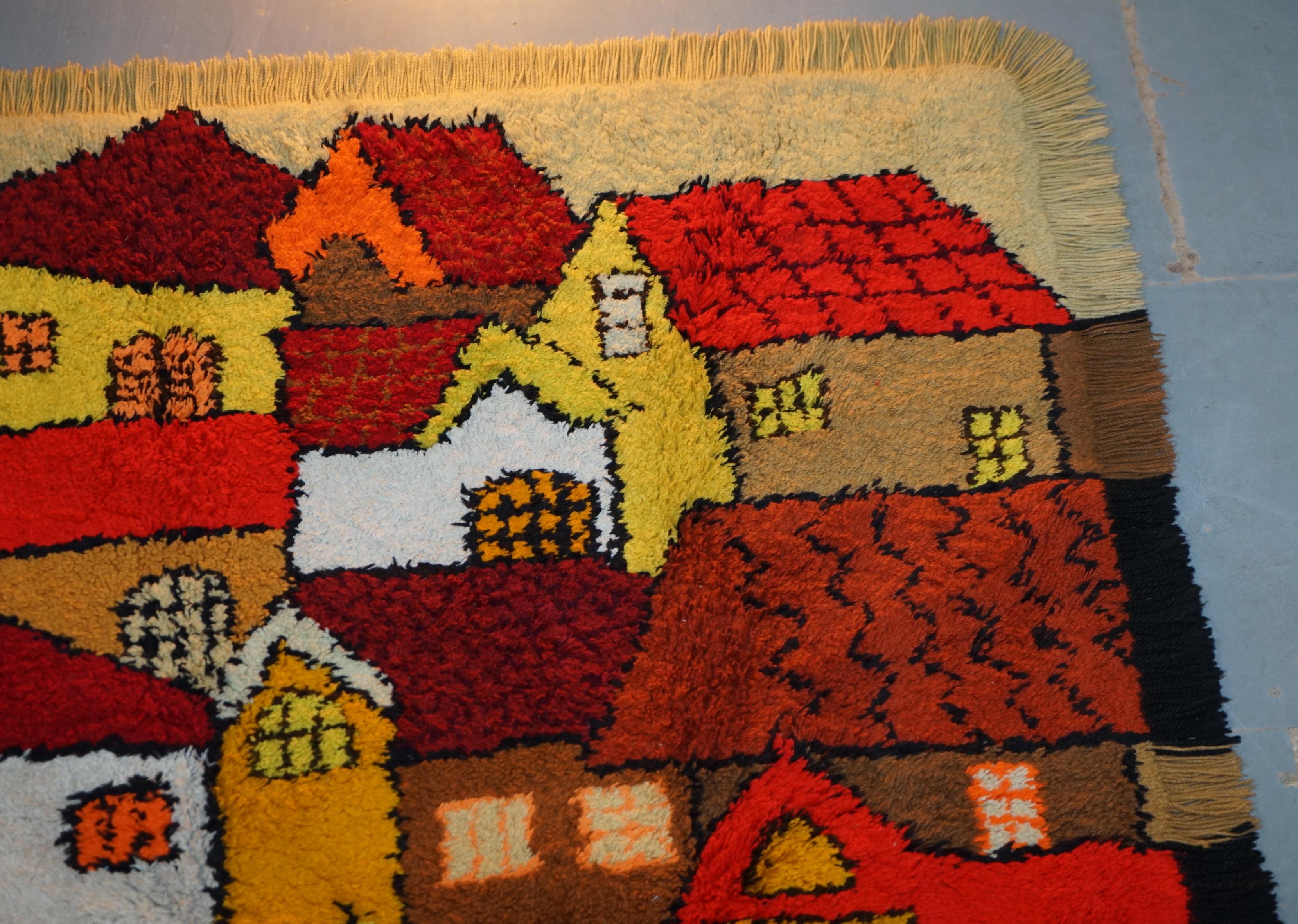 Wool Stunning Large Shag Pile Rug Depicting Houses in the Style of L.S Lowry For Sale