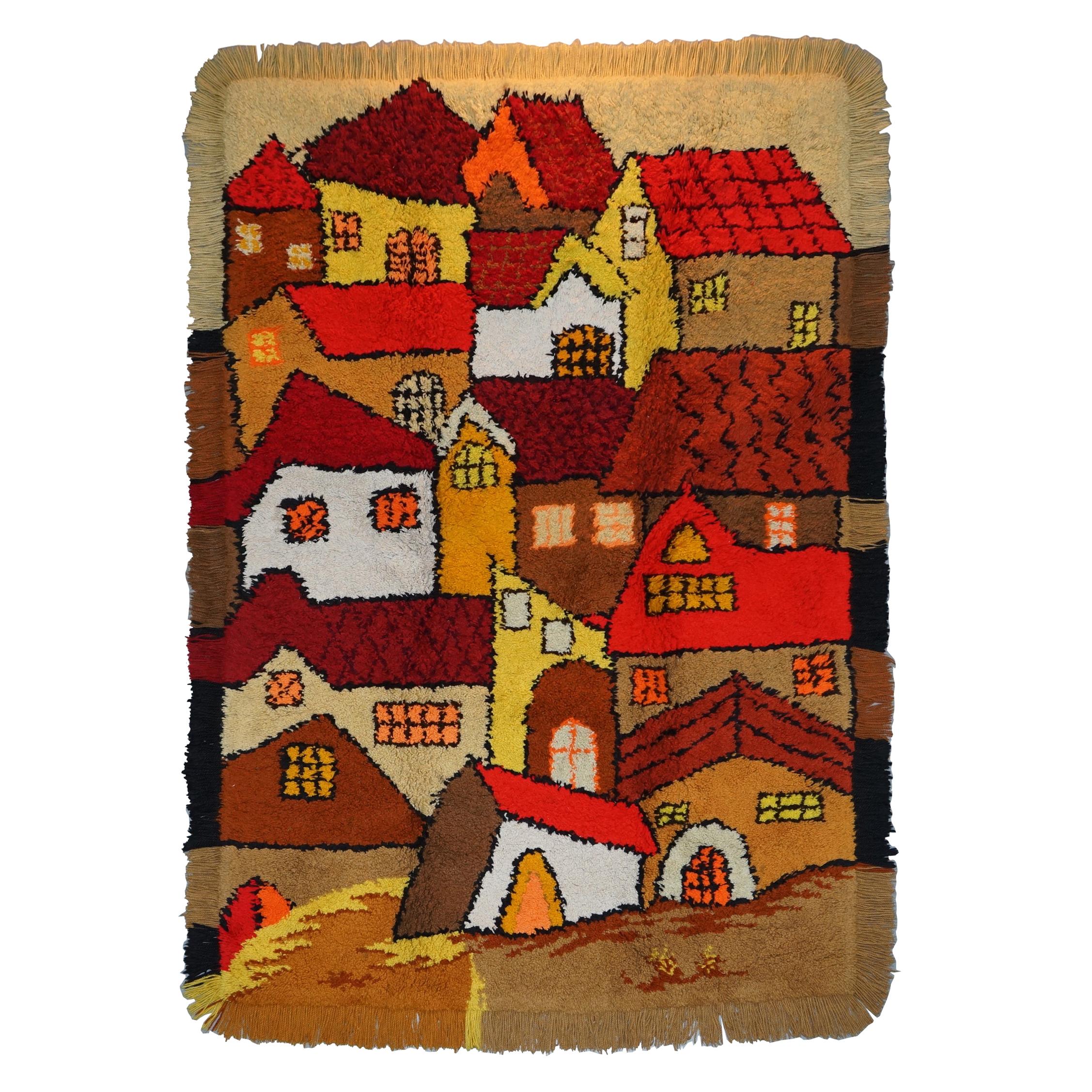 Stunning Large Shag Pile Rug Depicting Houses in the Style of L.S Lowry For Sale