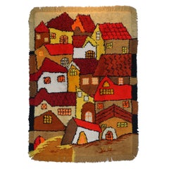 Vintage Stunning Large Shag Pile Rug Depicting Houses in the Style of L.S Lowry