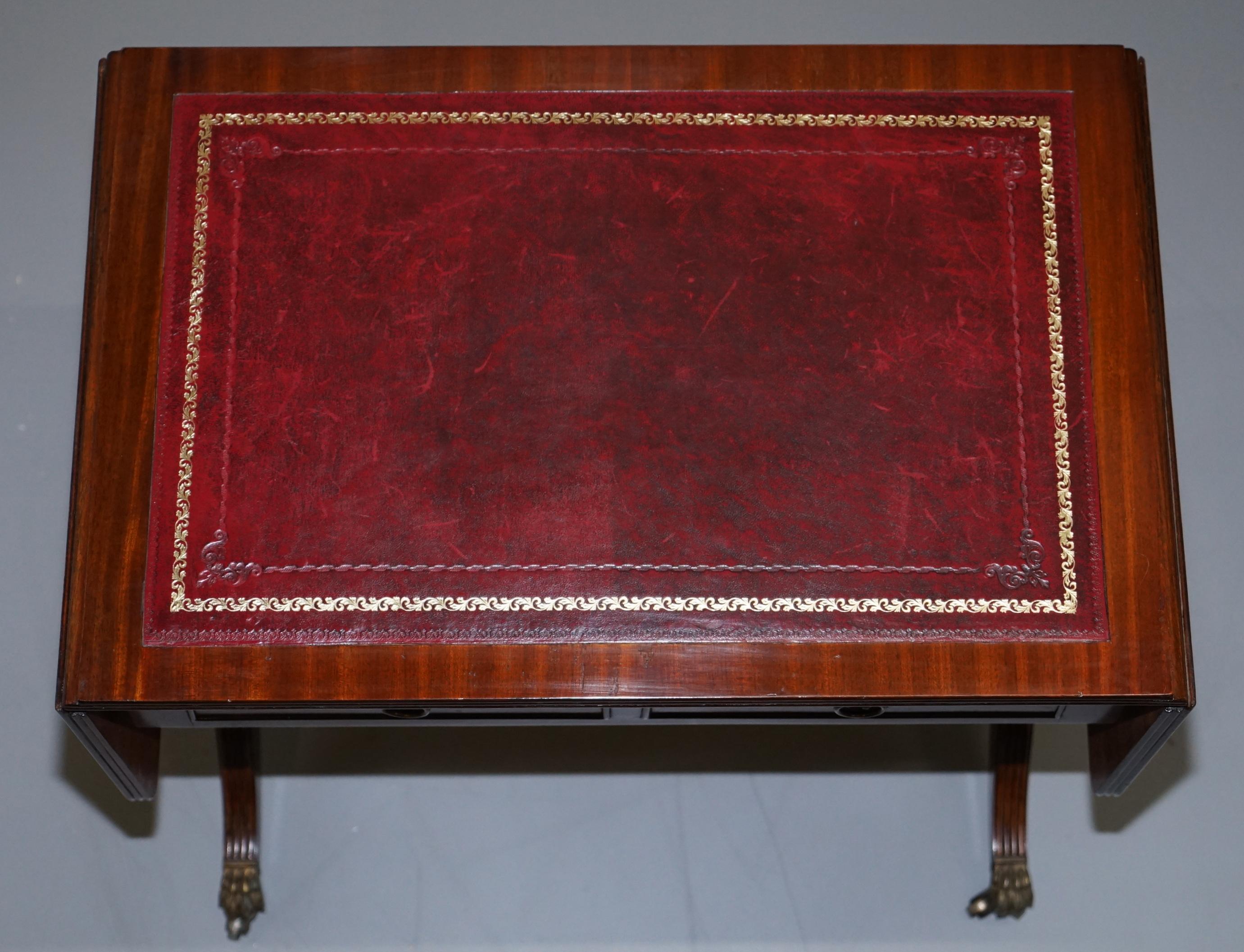 English Stunning Large Side Table with Extending Oxblood Leather Gold Leaf Embossed Top