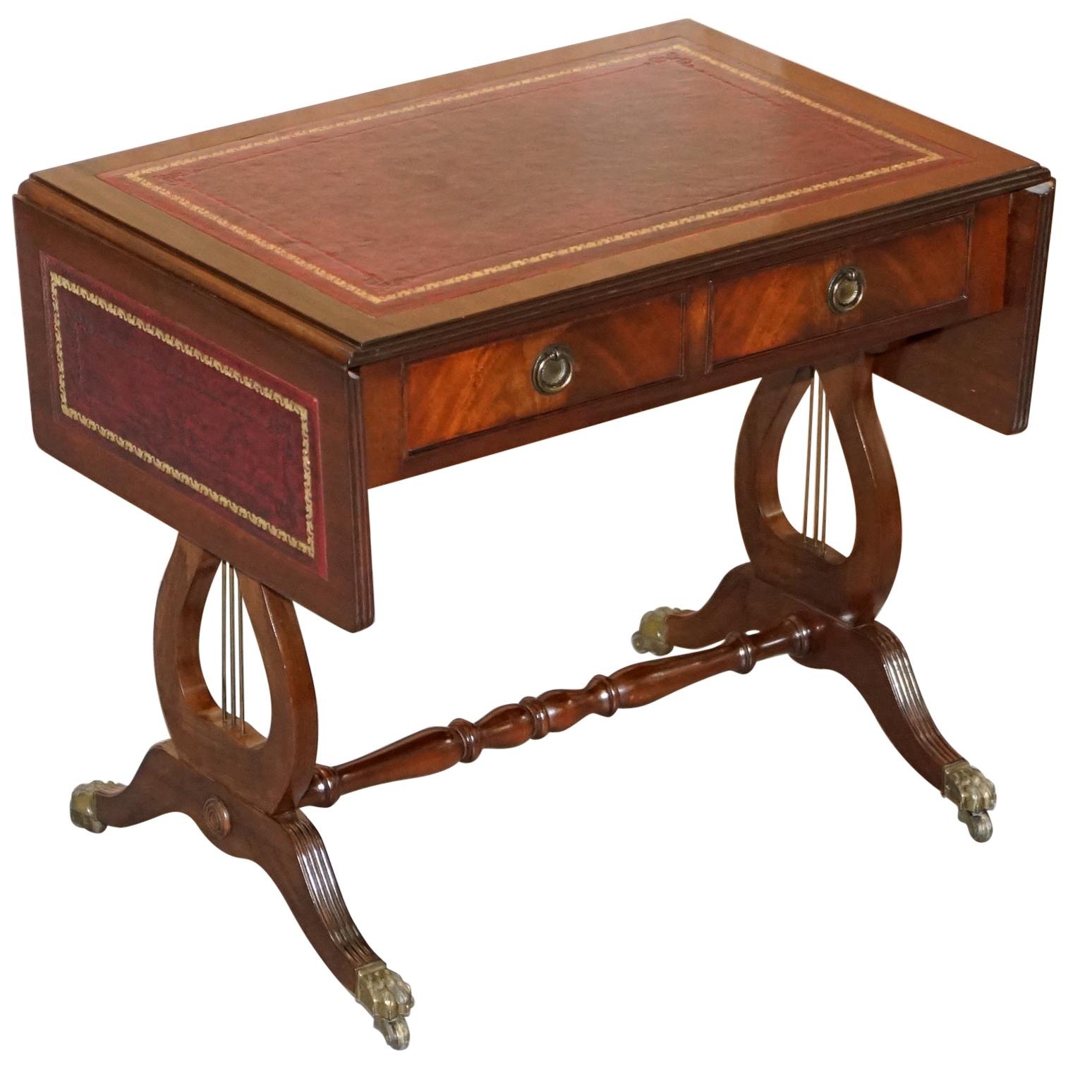 Stunning Large Side Table with Extending Oxblood Leather Gold Leaf Embossed Top