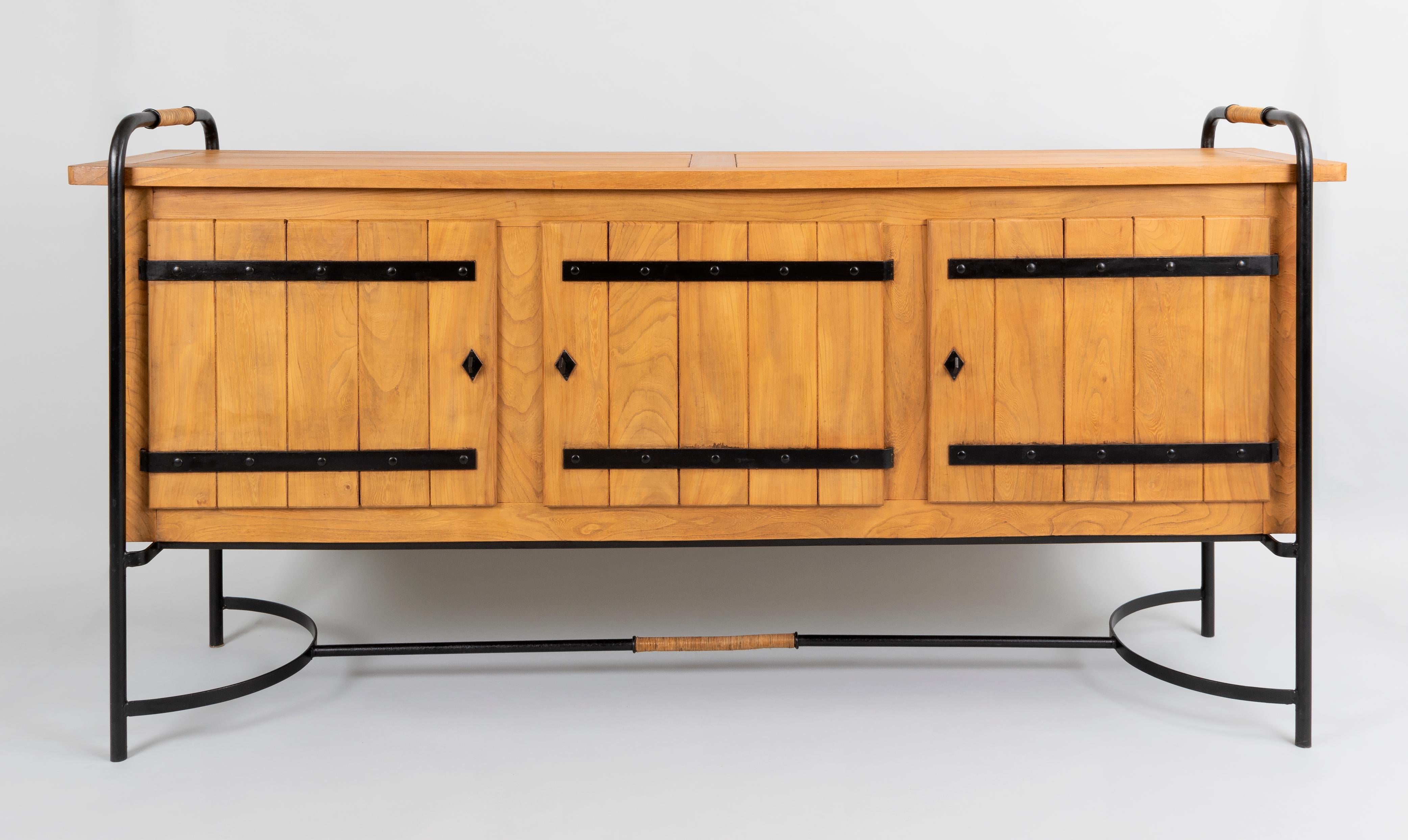 Mid-Century Modern Stunning Large Sideboard by Jacques Adnet in Elm and Wrought Iron, France 1950's