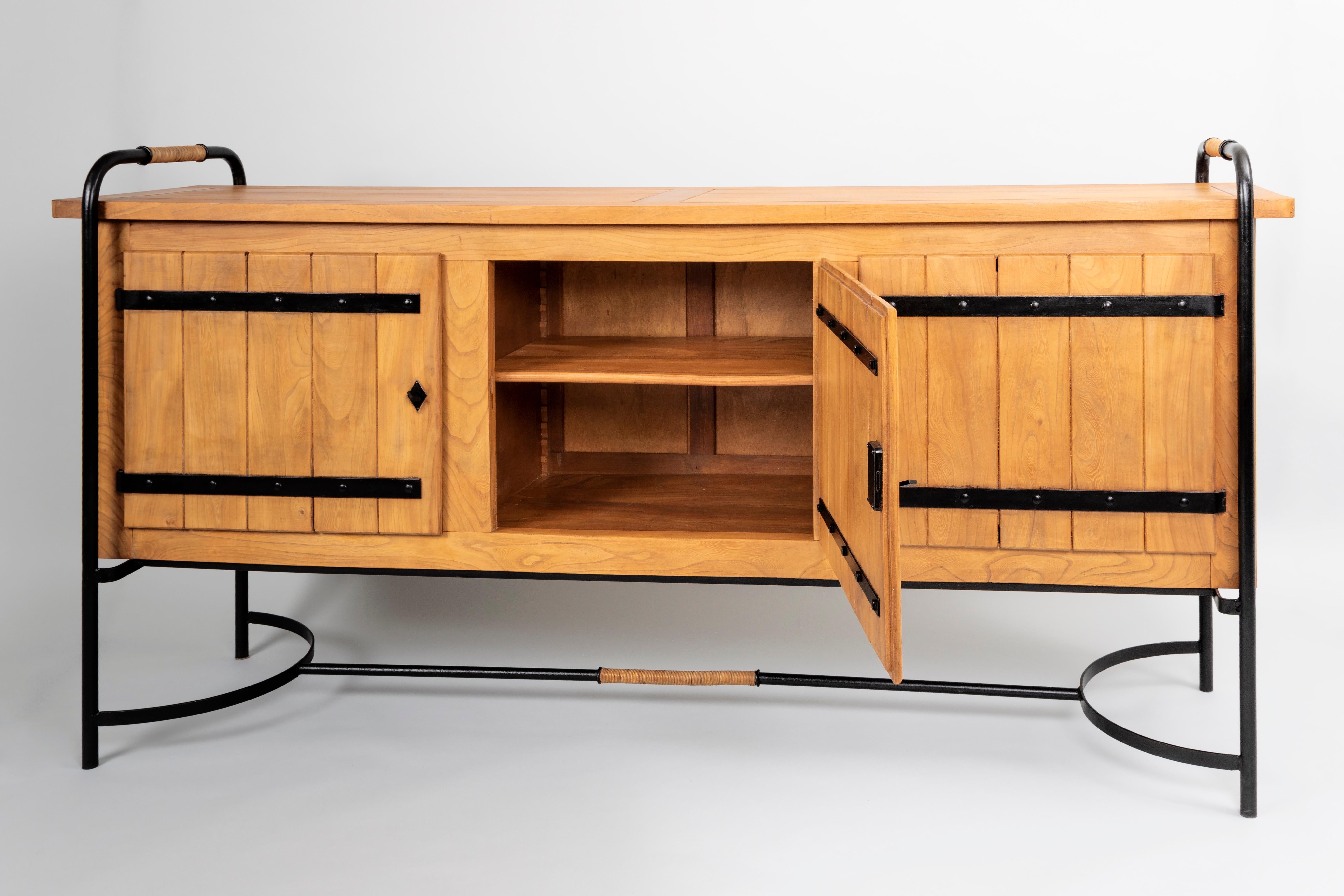 French Stunning Large Sideboard by Jacques Adnet in Elm and Wrought Iron, France 1950's