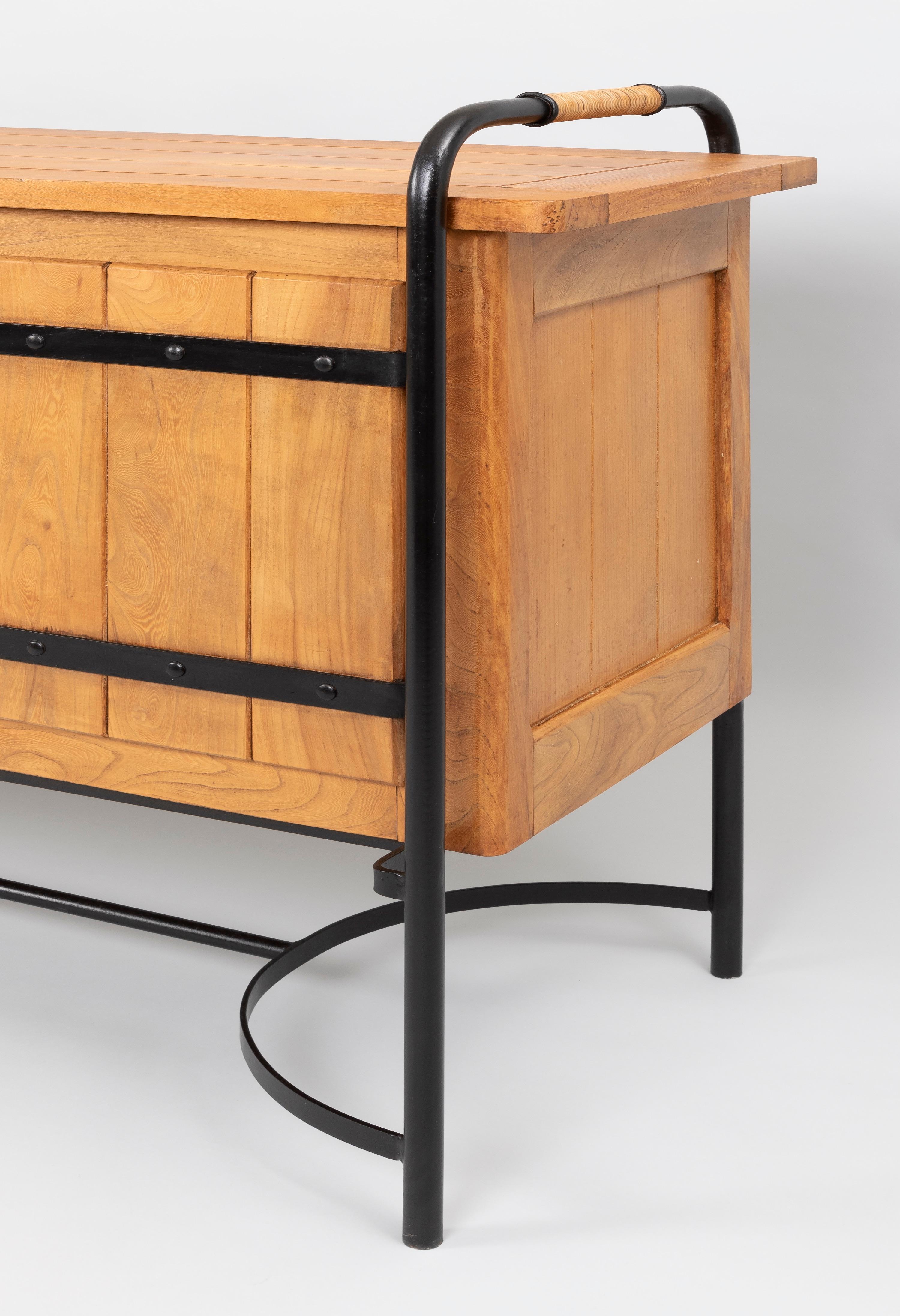 Stunning Large Sideboard by Jacques Adnet in Elm and Wrought Iron, France 1950's In Excellent Condition In New York, NY