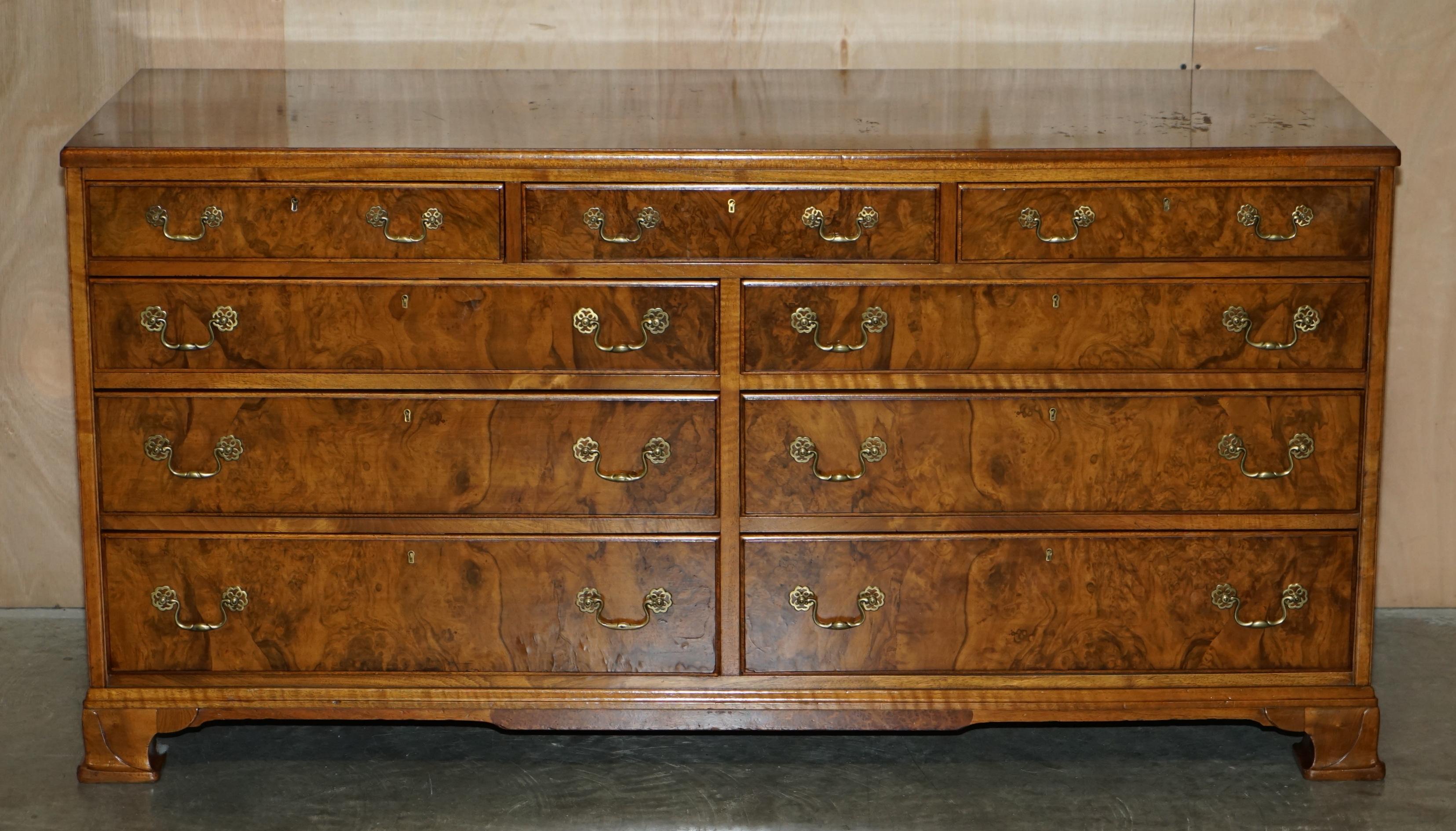 Victorian Stunning Large Sideboard Sized Bank or Chest of Drawers in Burr and Burl Walnut
