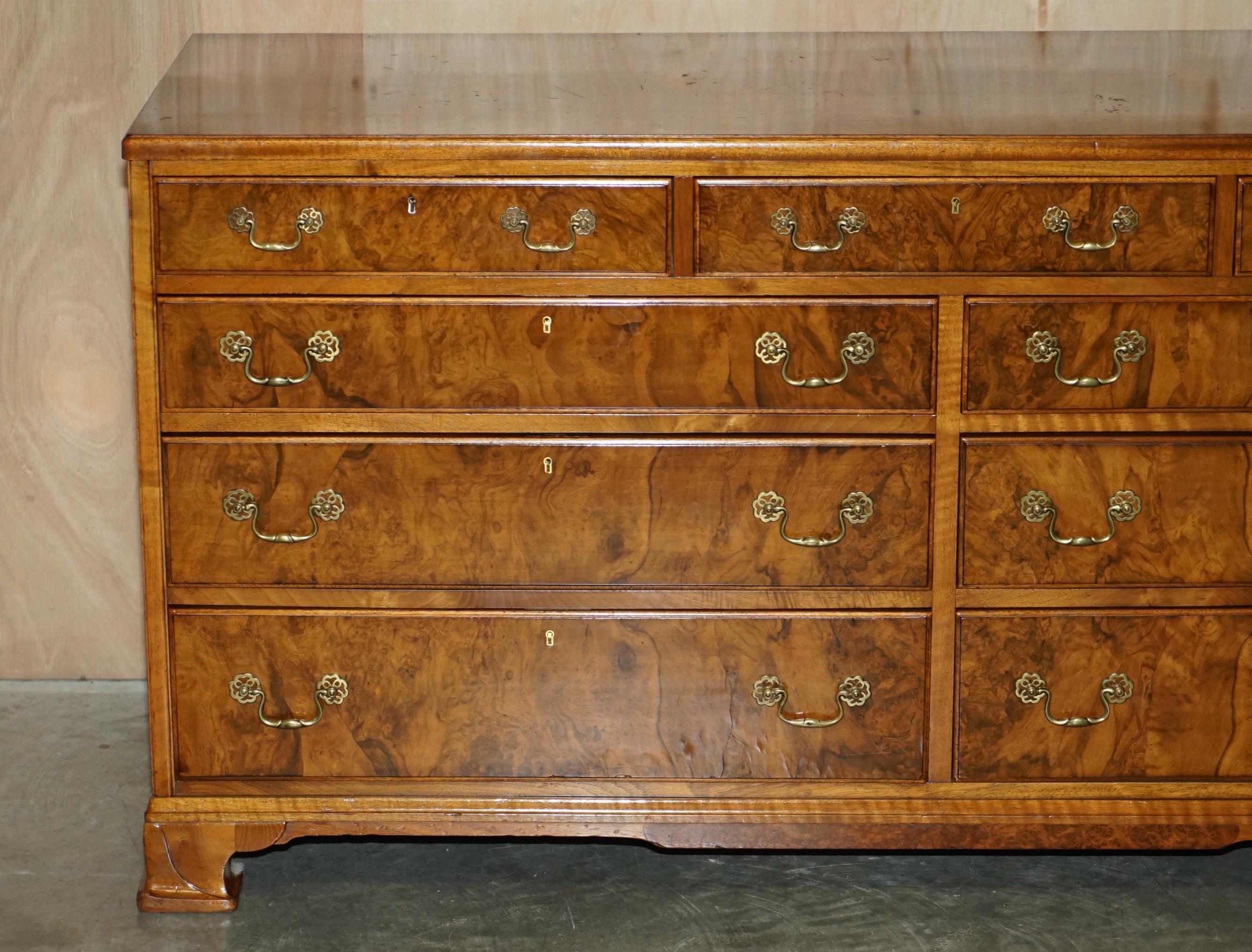 English Stunning Large Sideboard Sized Bank or Chest of Drawers in Burr and Burl Walnut