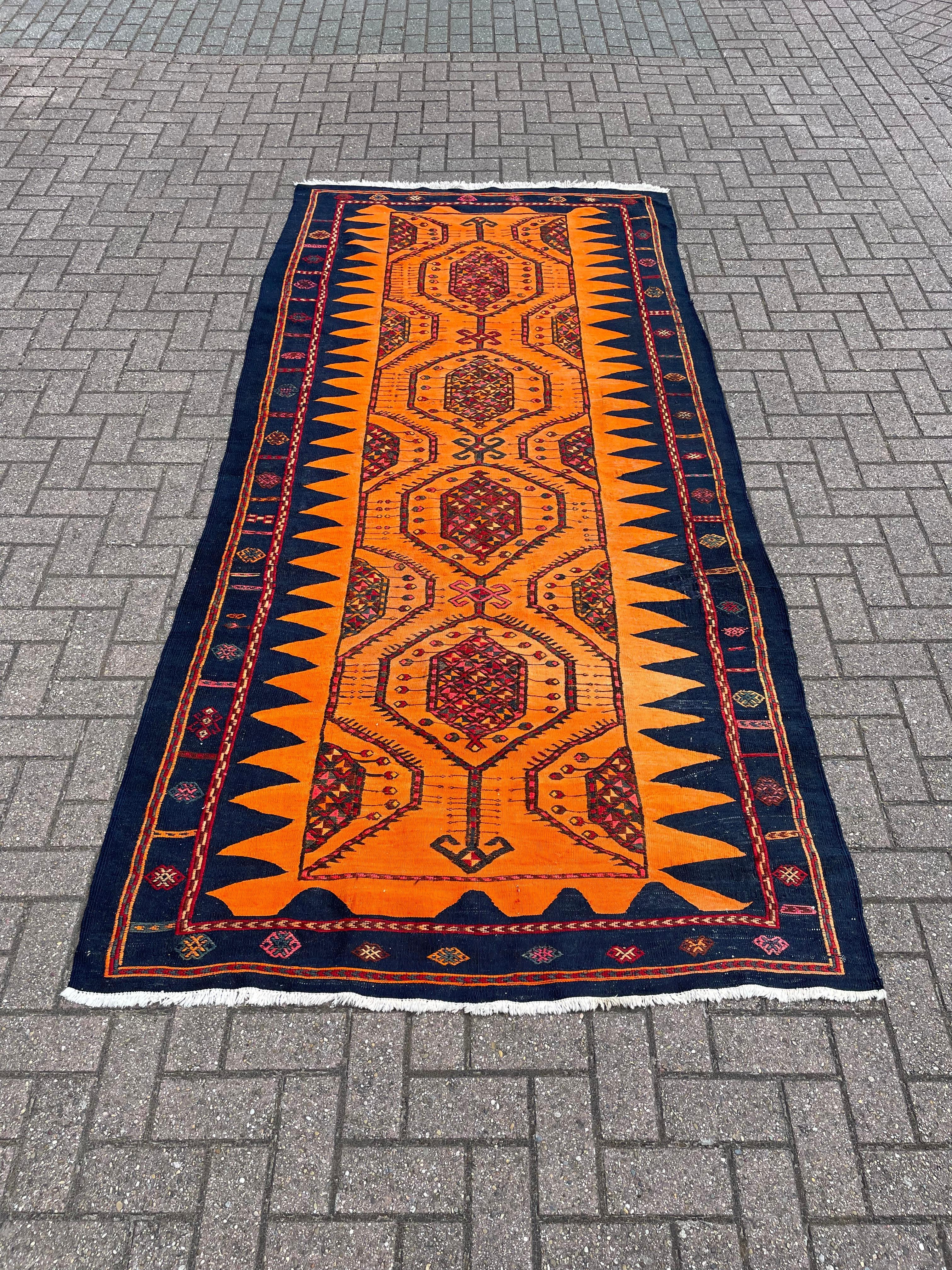Stunning & Large Size Hand Knotted Kilim Rug Midcentury Design w. Vibrant Colors For Sale 9
