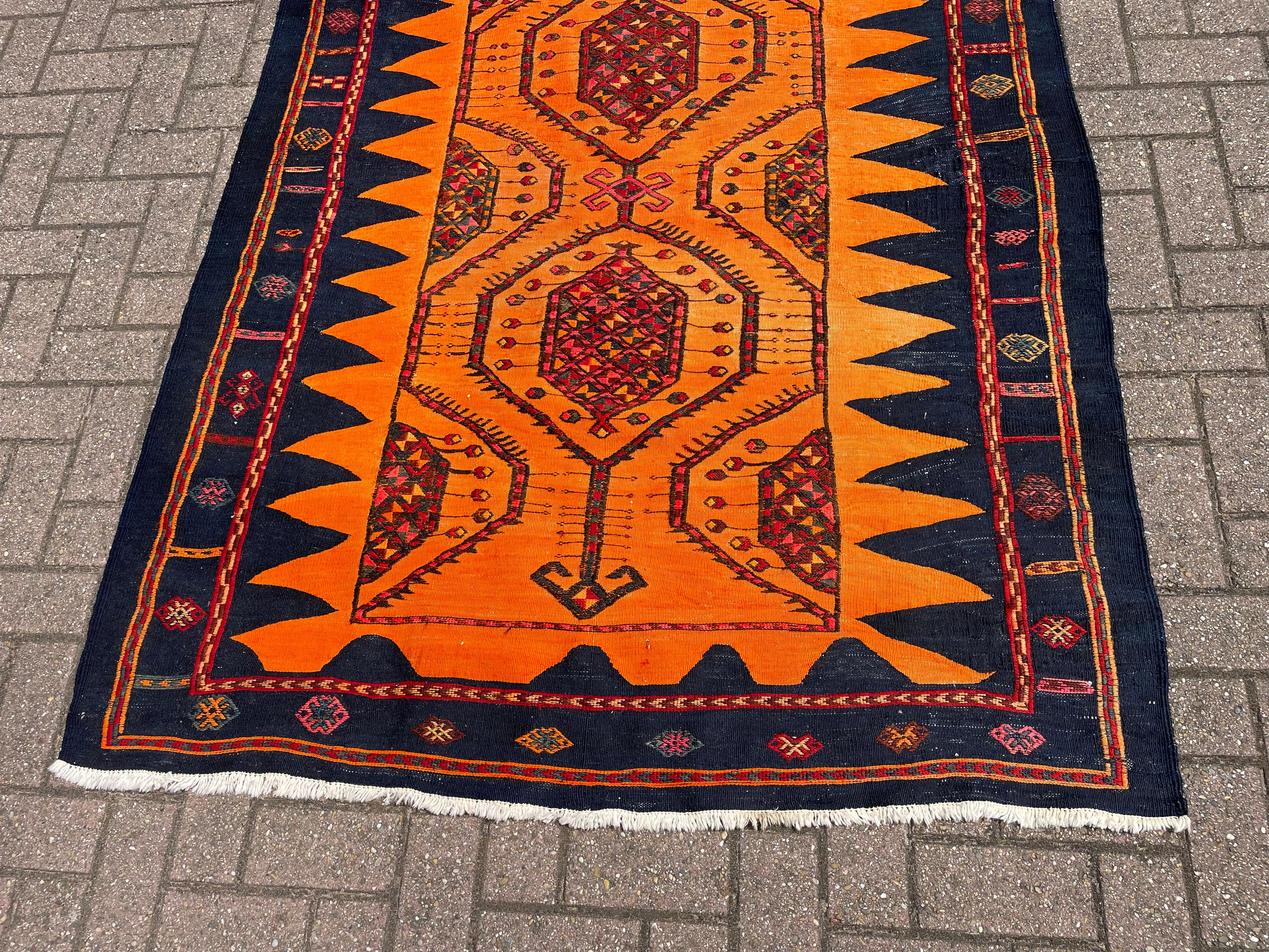 Unknown Stunning & Large Size Hand Knotted Kilim Rug Midcentury Design w. Vibrant Colors For Sale