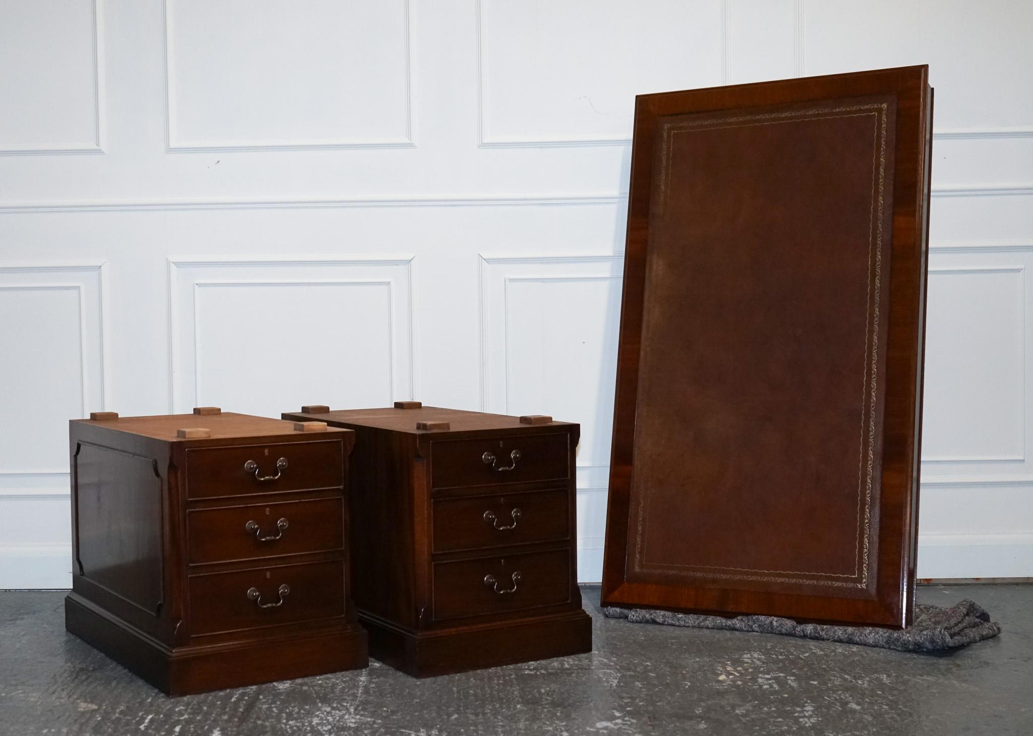STUNNING LARGE TWiN PEDESTAL DESK BROWN LEATHER TOP SLIDING OUT TRAYS 8 DRAWERS For Sale 11