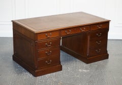 STUNNING LARGE TWiN PEDESTAL DESK BROWN LEATHER TOP SLIDING OUT TRAYS 8 DRAWERS