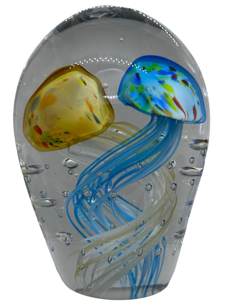 Modern Stunning Large Two Blue & Yellow Jellyfish Murano Italian Art Glass Aquarium For Sale