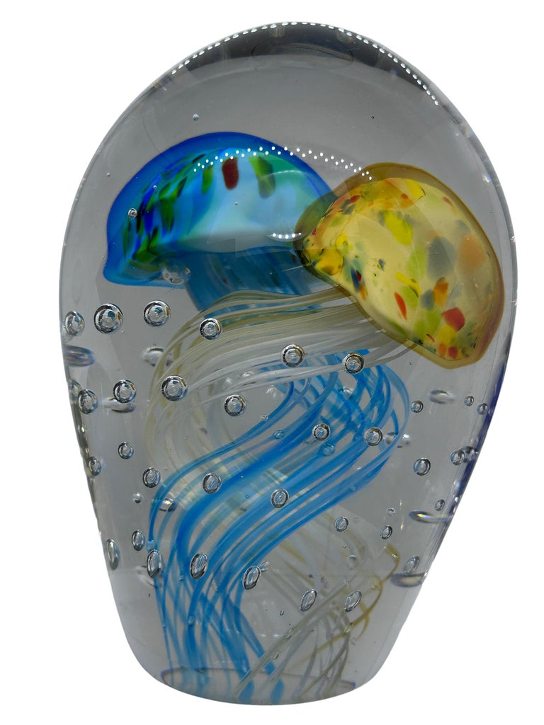 Stunning Large Two Blue & Yellow Jellyfish Murano Italian Art Glass Aquarium In Good Condition For Sale In Nuernberg, DE