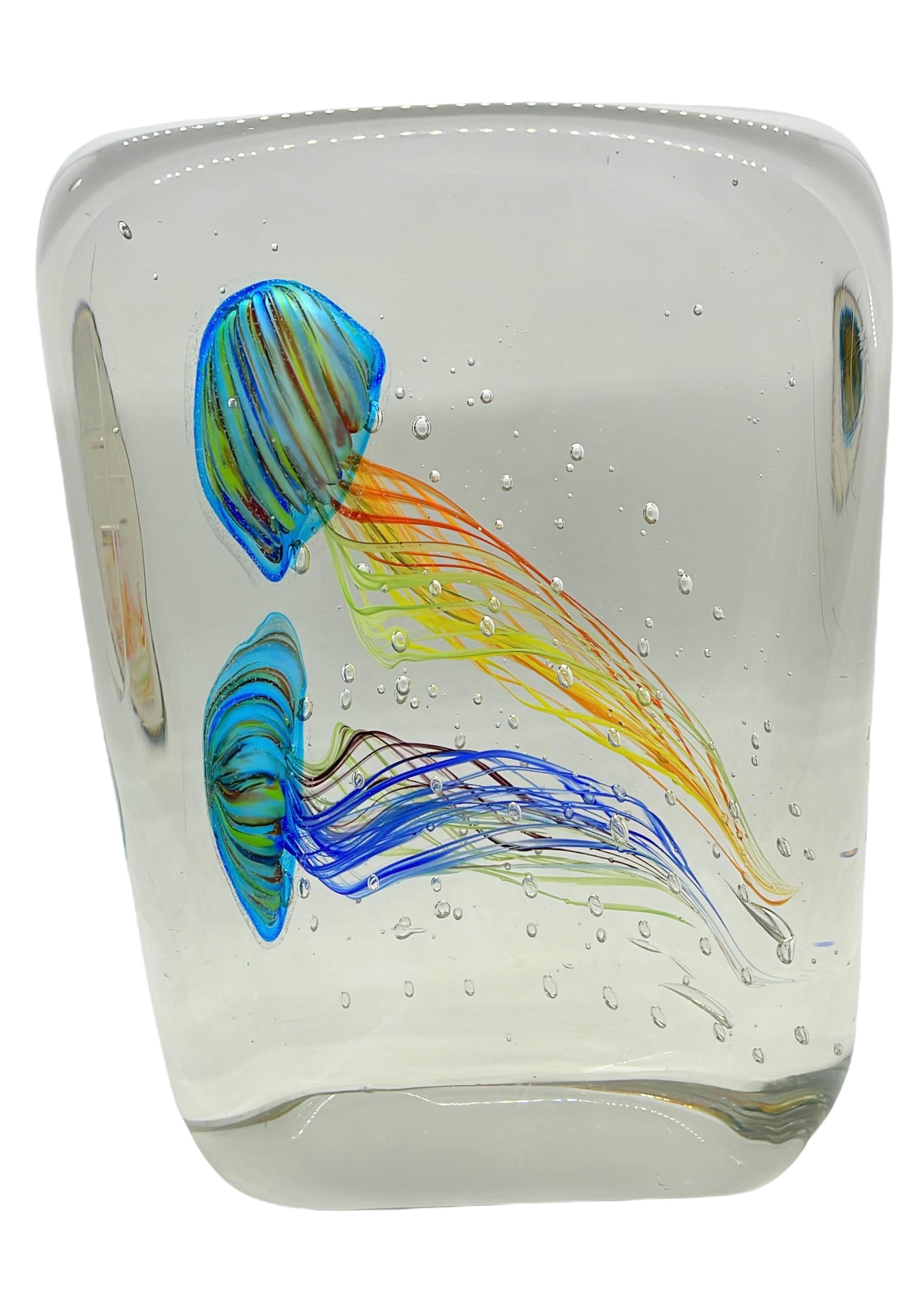 Beautiful stunning large Murano hand blown aquarium design Italian art glass sculpture. Showing two Jelly Fish inside, in two different colors, floating on controlled bubbles. A beautiful nice addition at your table, credenza or side board. Signed
