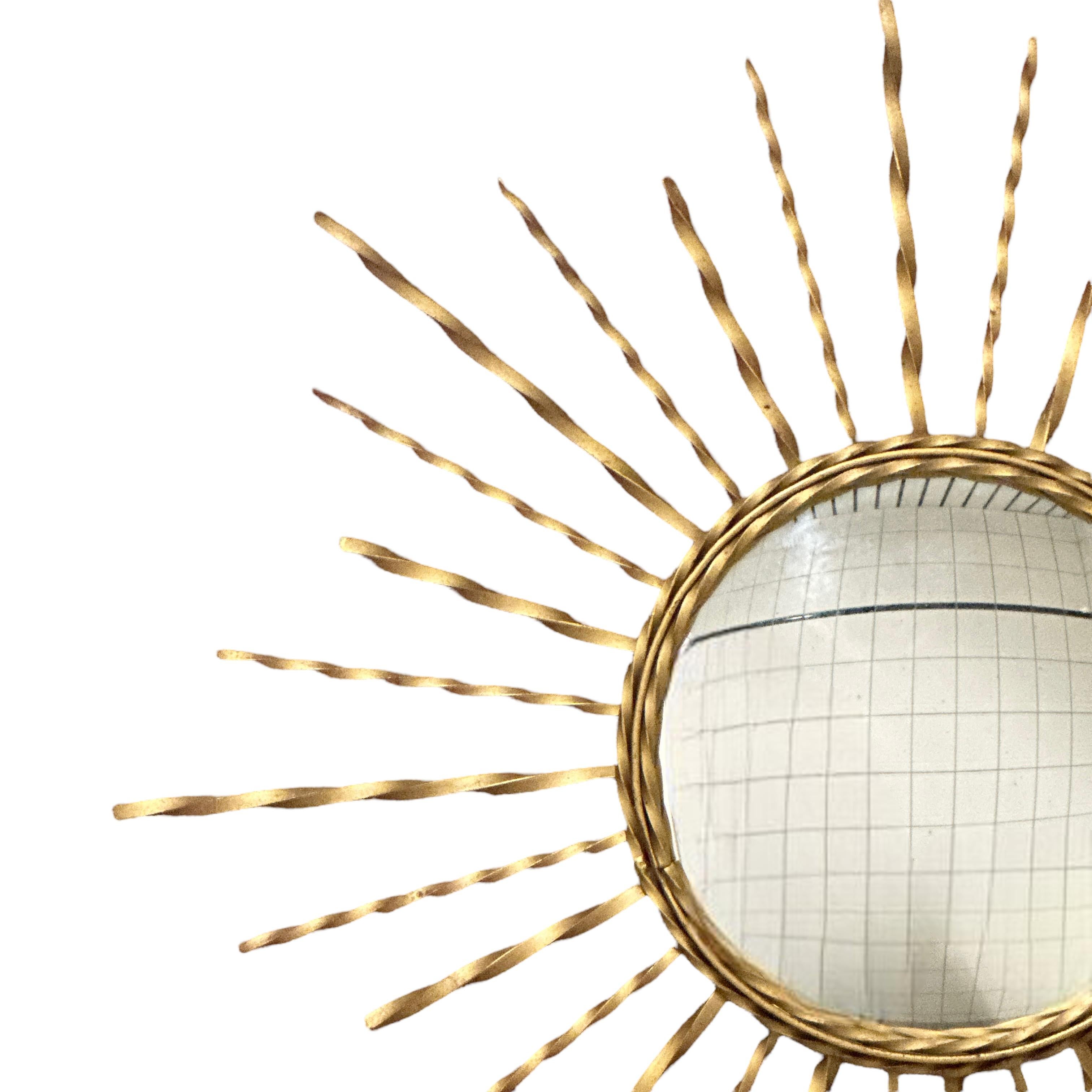 Belgian Stunning Large Vallauris Style Starburst Sunburst Convex Mirror Wall Lamp 1950s For Sale