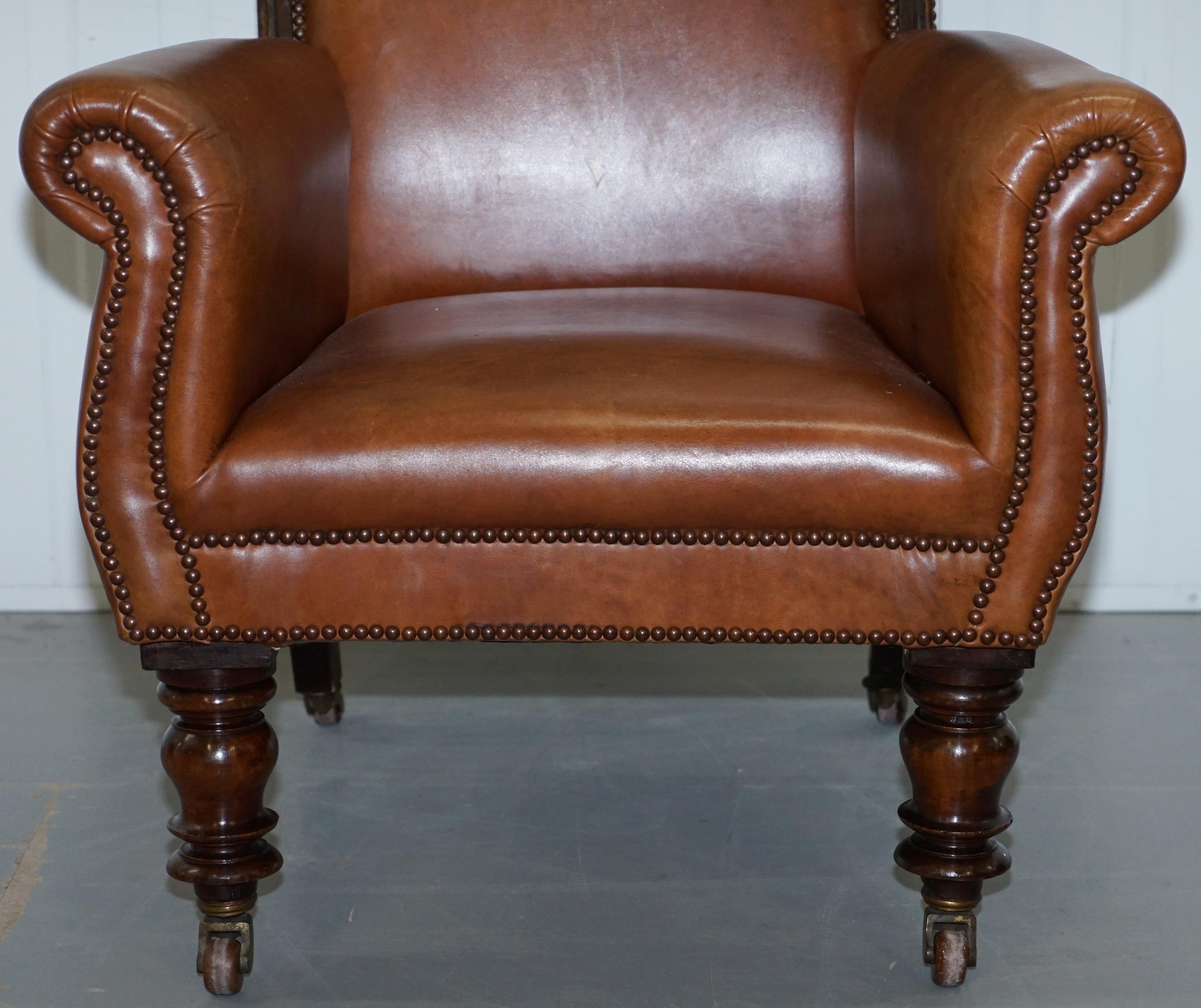 Stunning Large Victorian Library Reading Armchair Aged Brown Leather Mahogany 3