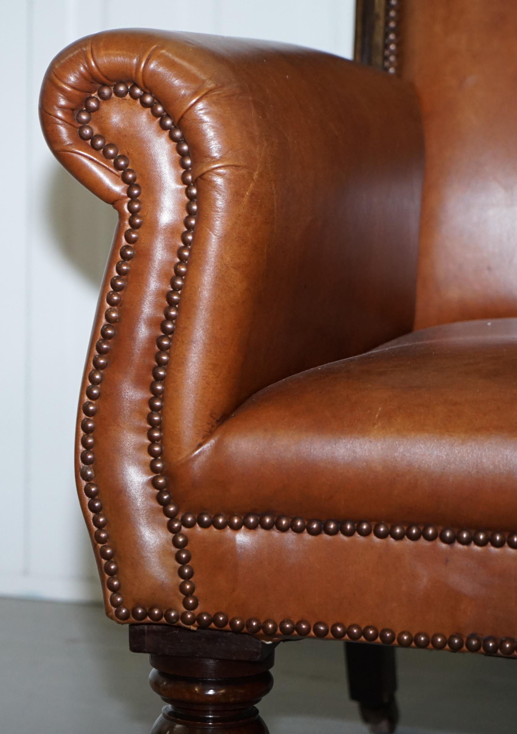 Stunning Large Victorian Library Reading Armchair Aged Brown Leather Mahogany 4