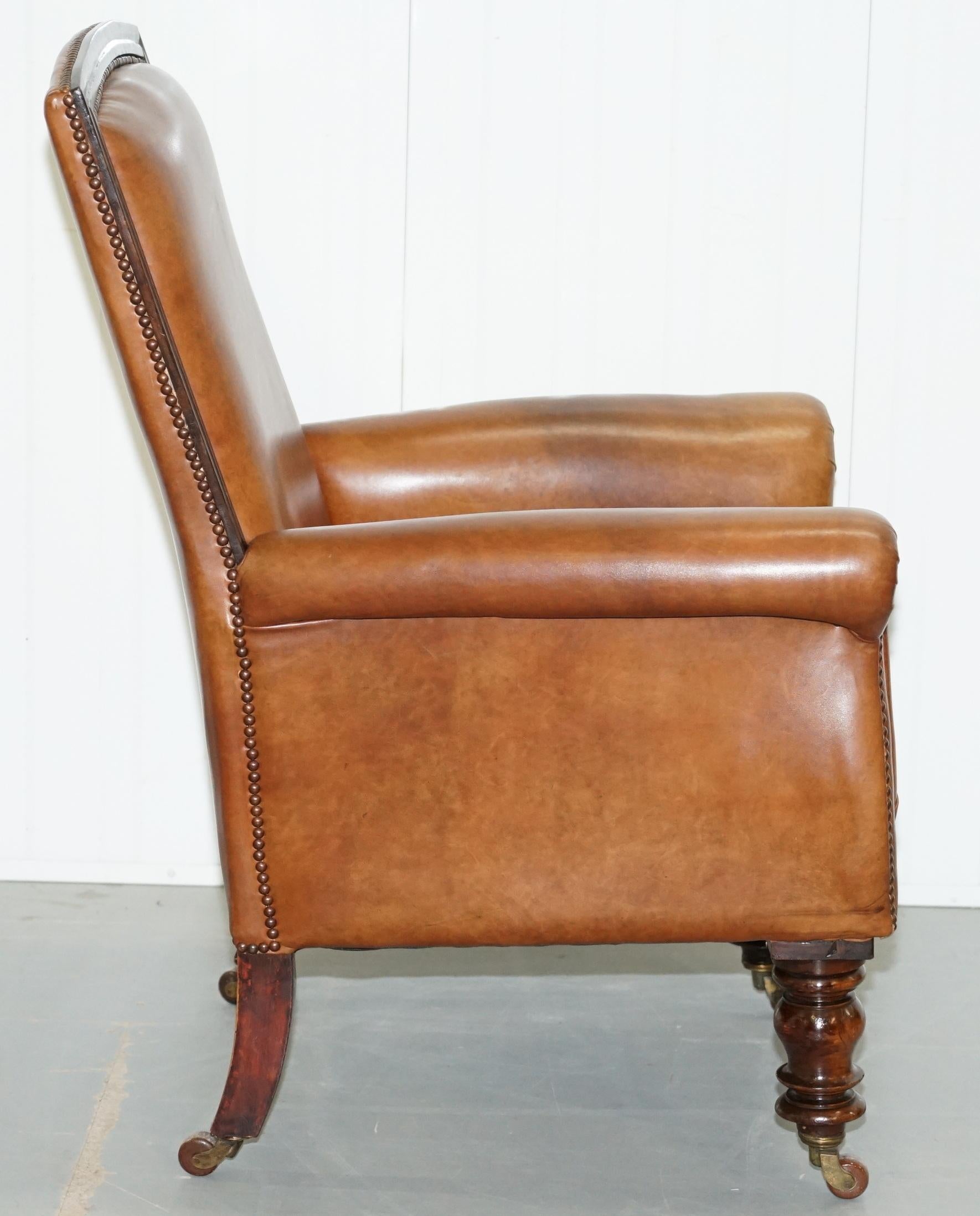 Stunning Large Victorian Library Reading Armchair Aged Brown Leather Mahogany 6