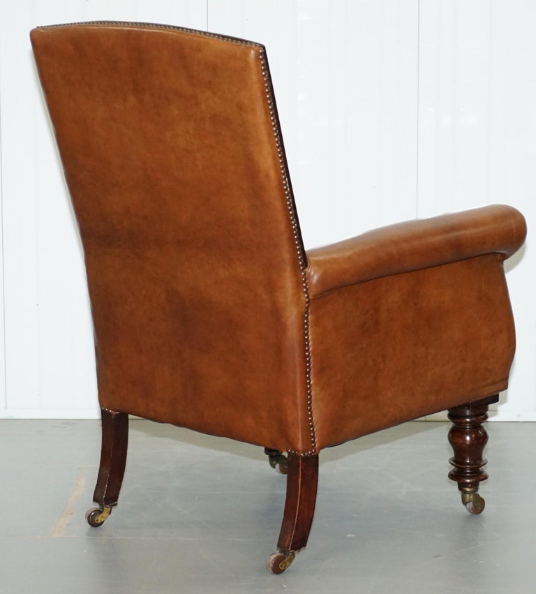 Stunning Large Victorian Library Reading Armchair Aged Brown Leather Mahogany For Sale at 1stdibs