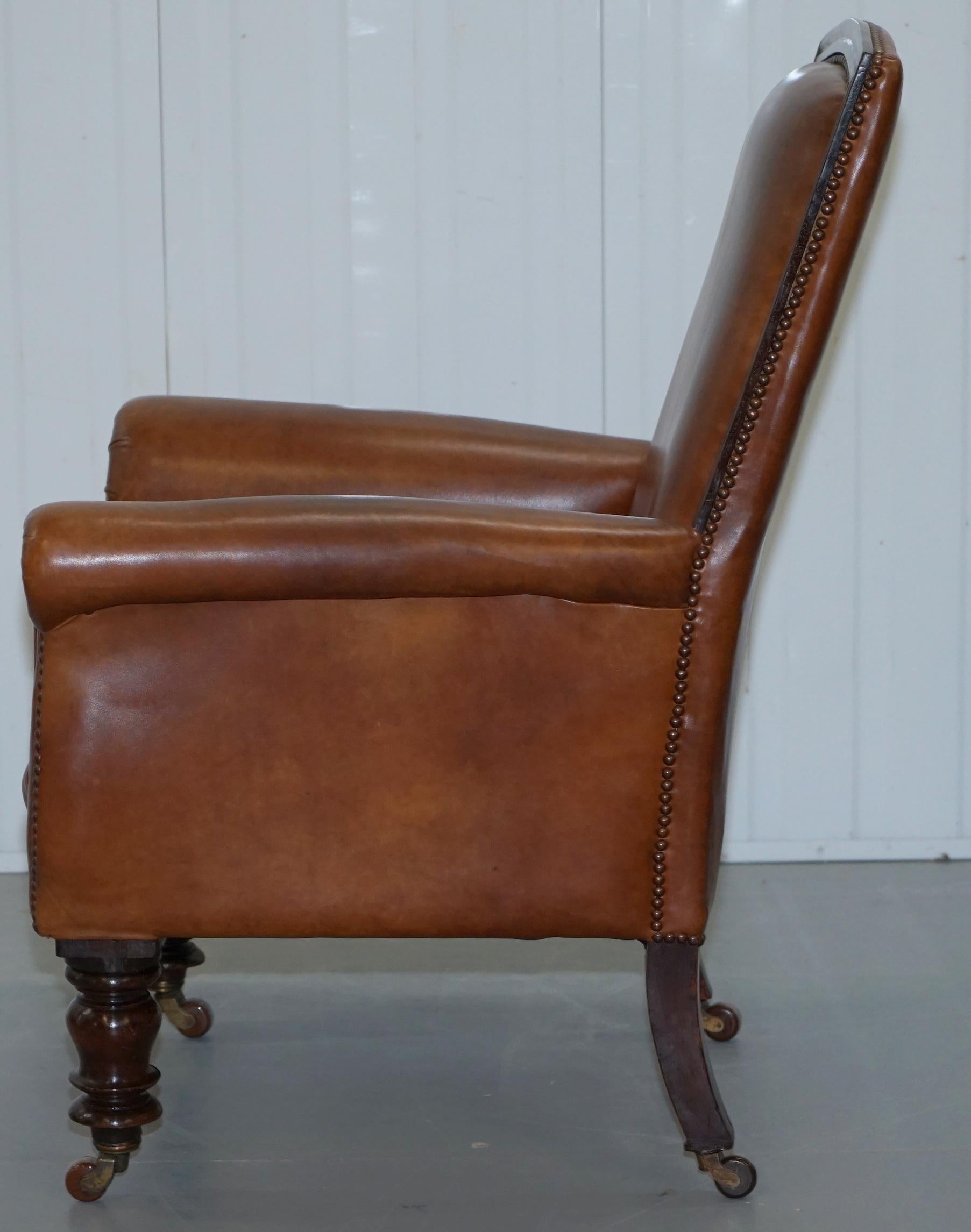 Stunning Large Victorian Library Reading Armchair Aged Brown Leather Mahogany 12