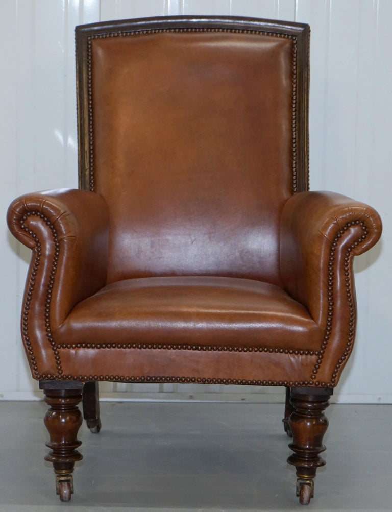 Stunning Large Victorian Library Reading Armchair Aged Brown Leather Mahogany at 1stDibs