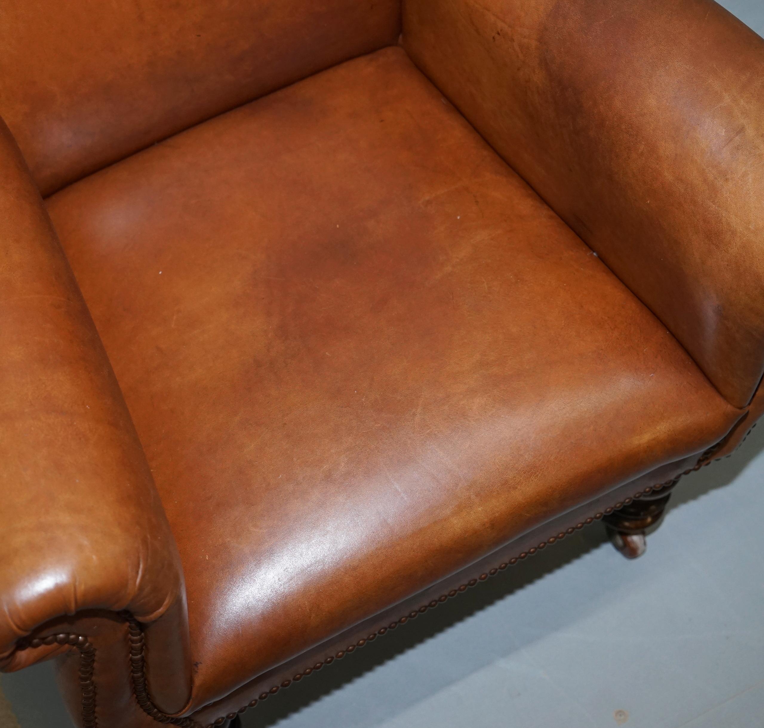 British Stunning Large Victorian Library Reading Armchair Aged Brown Leather Mahogany