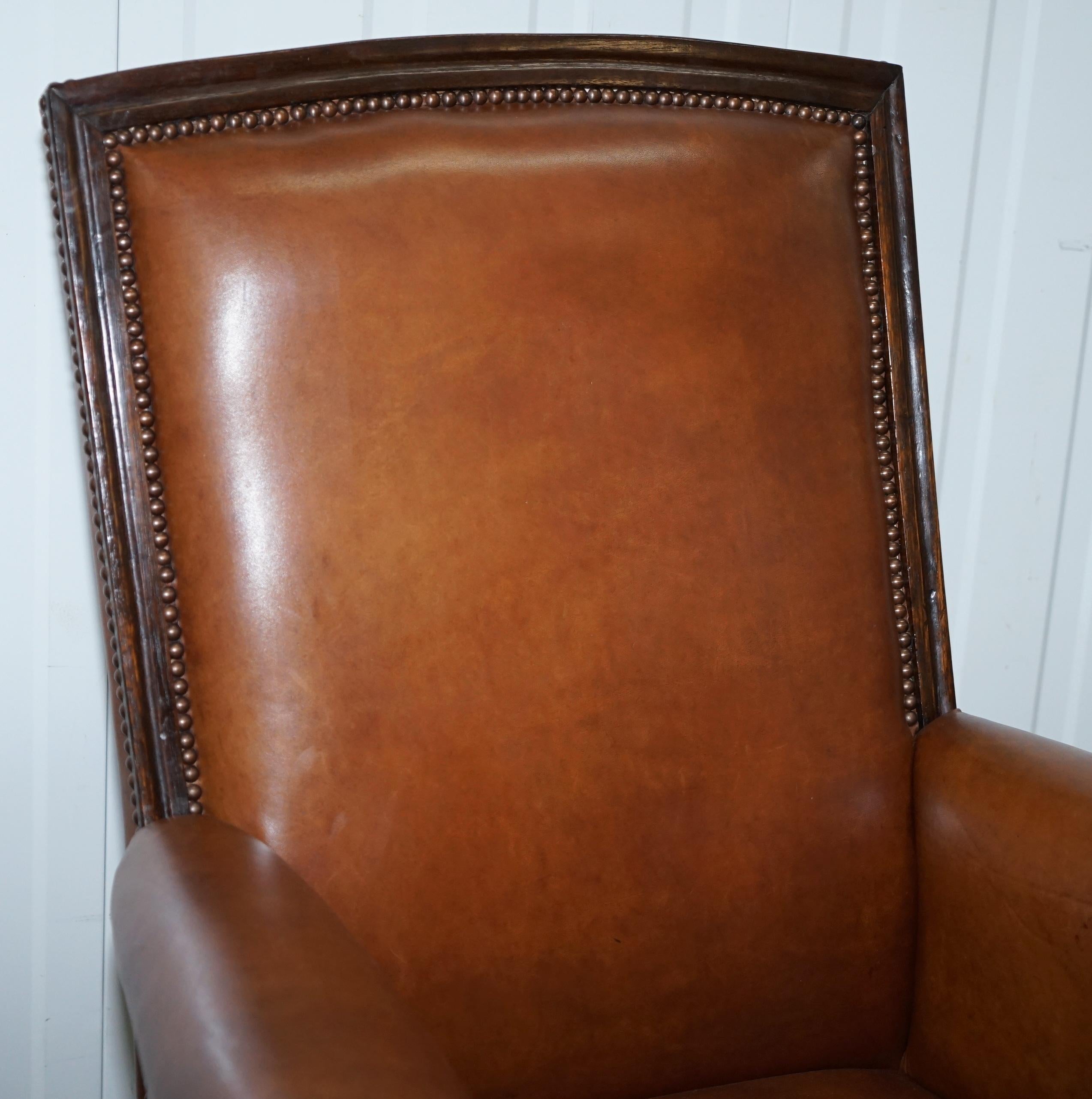 Stunning Large Victorian Library Reading Armchair Aged Brown Leather Mahogany 1