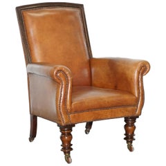Stunning Large Victorian Library Reading Armchair Aged Brown Leather Mahogany