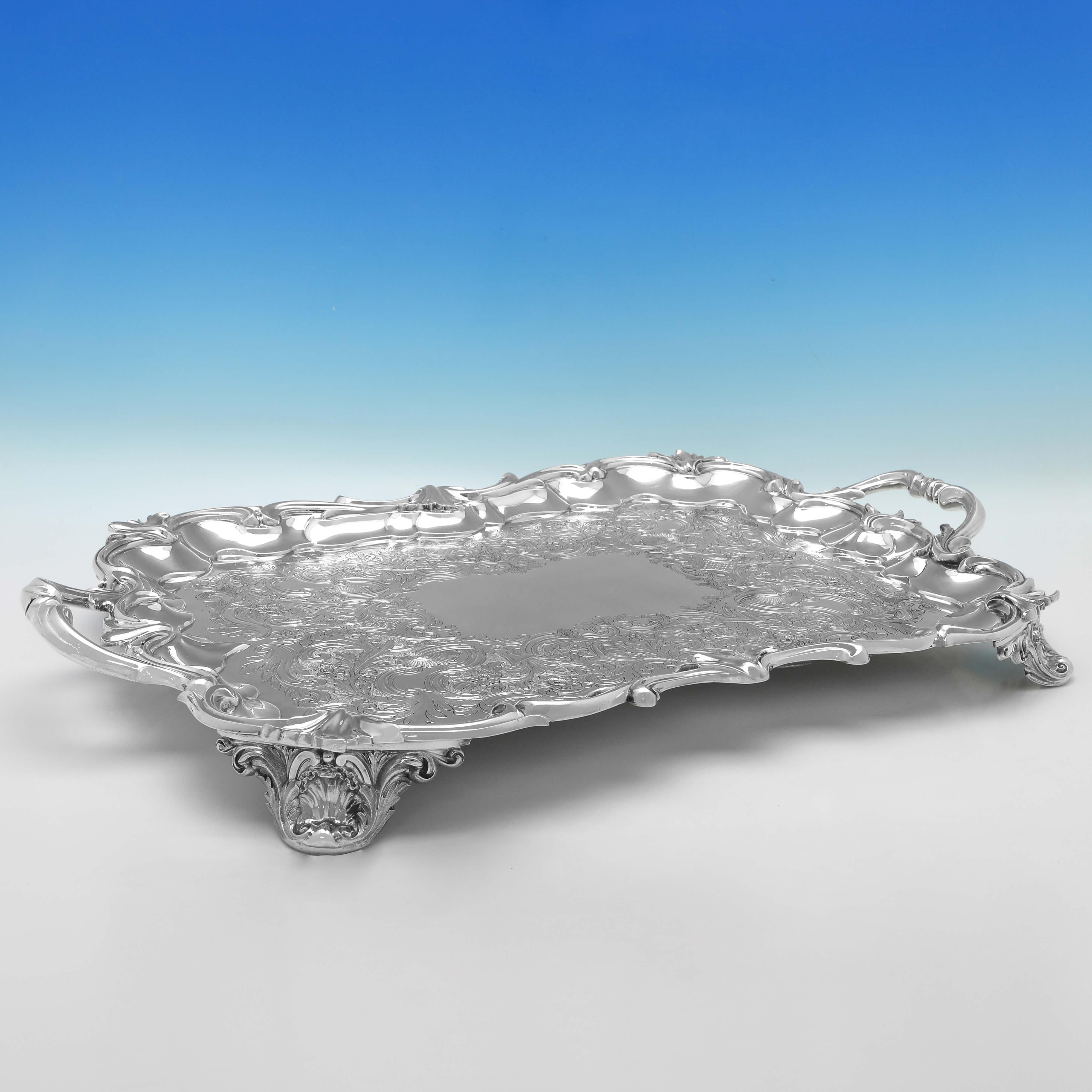 Hallmarked in London in 1838 by Edward Barnard & Sons, this stunning, Victorian, Antique Sterling Silver Tray, features wonderful flat chased decoration to the body, an acanthus & scroll border, and 4 cast acanthus detailed feet. 

The tray measures