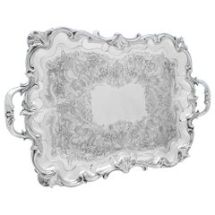 Impresionante y gran bandeja victoriana de plata de ley - Barnards 1838
