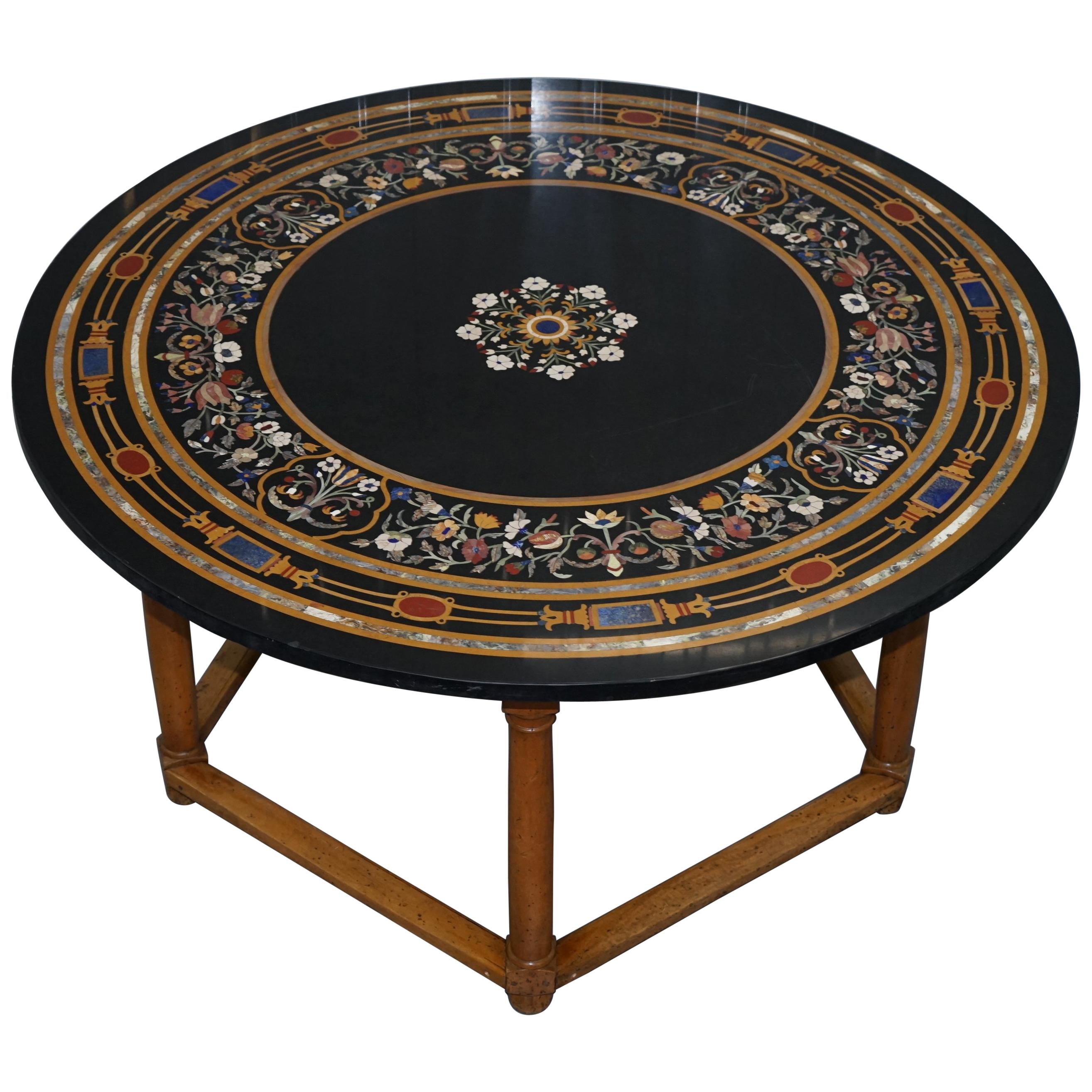 Stunning Large Wide Vintage Pietra Dura Specimen Marble Round Dining Table