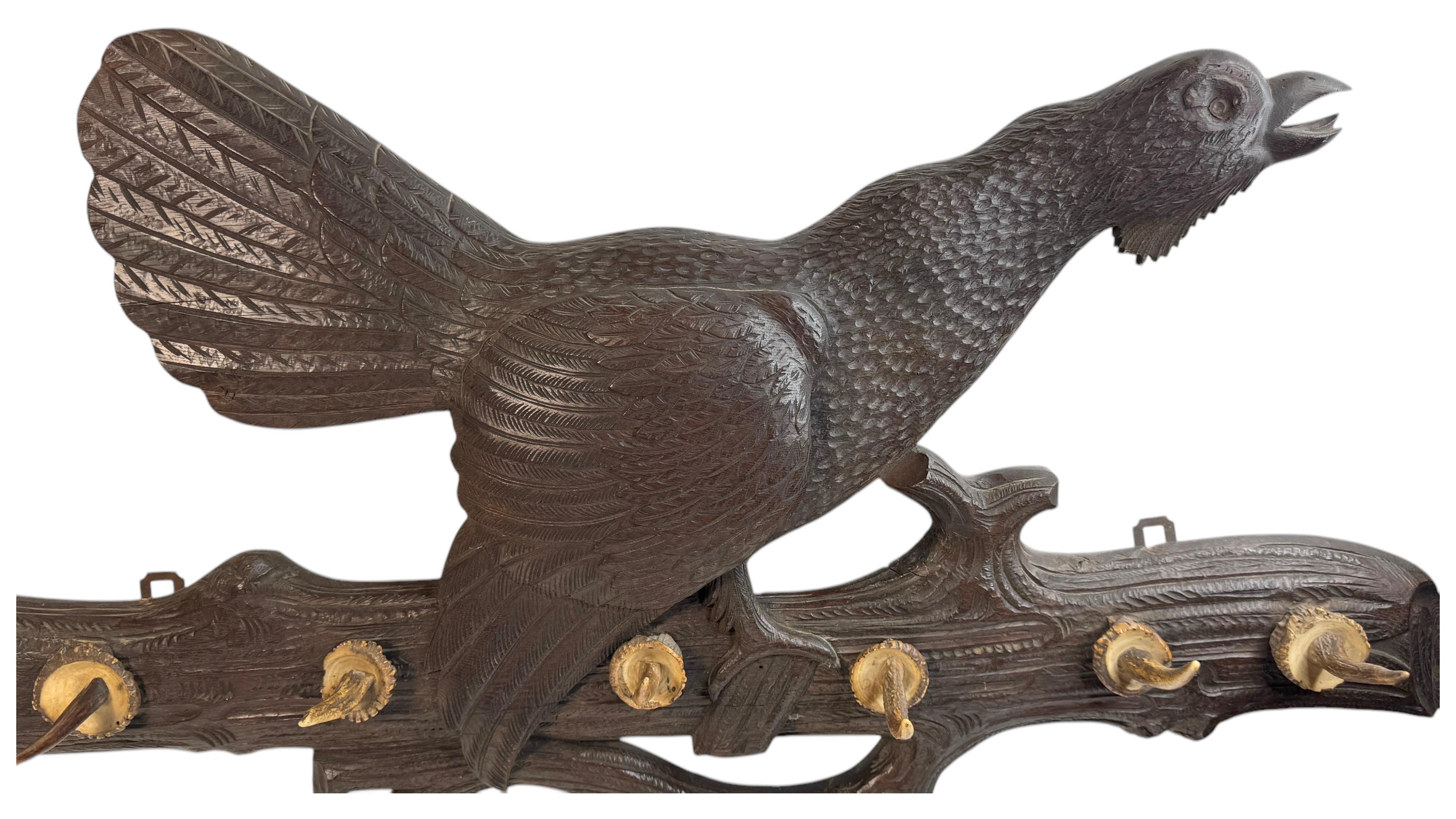 Impresionante Gran Urogallo de Madera Tallada Black Forest Sombrero Perchero Armario 1900 en venta 6