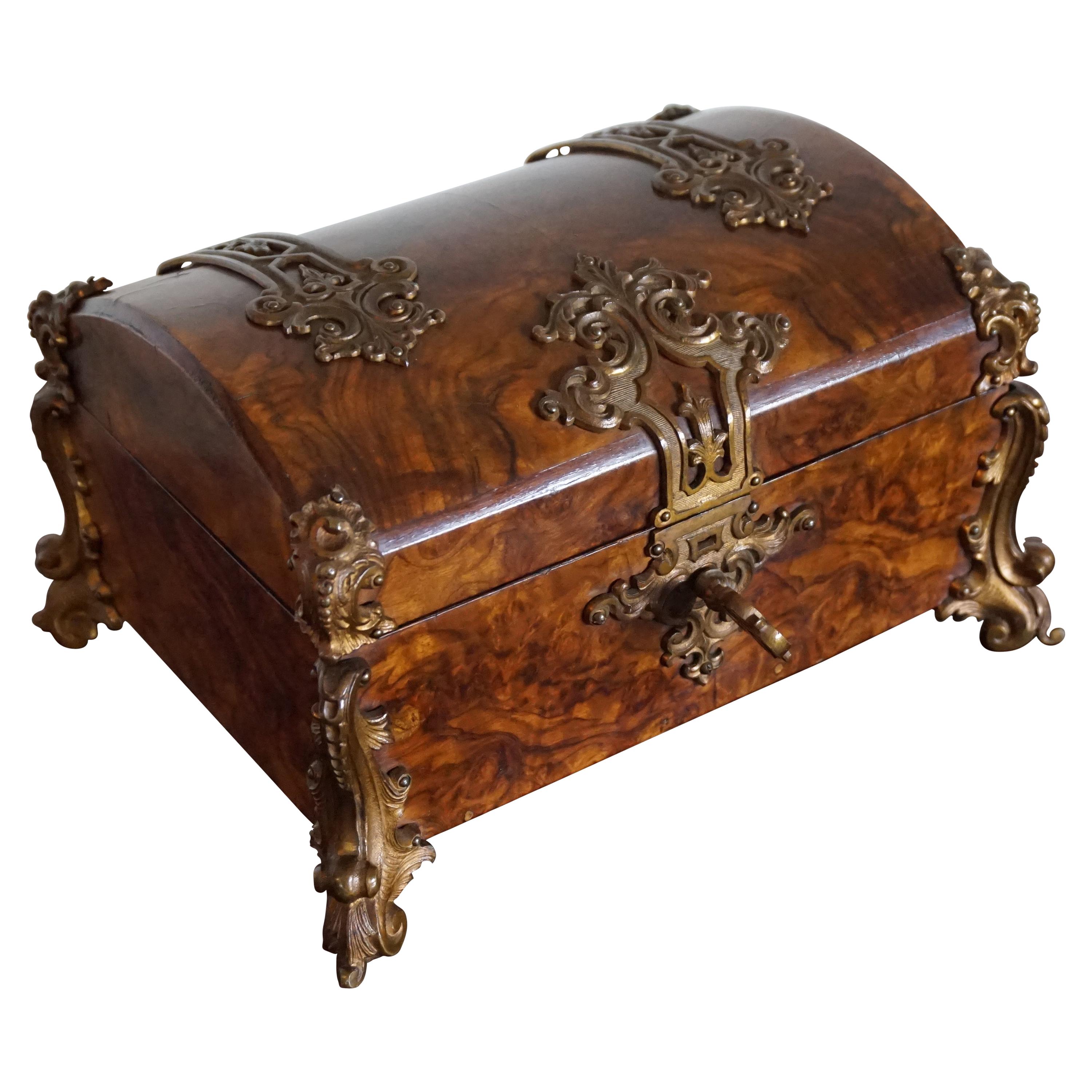 Stunning Late 1800s Bronze & Burl Walnut Jewelry Box, Great Patina, Lock & Key
