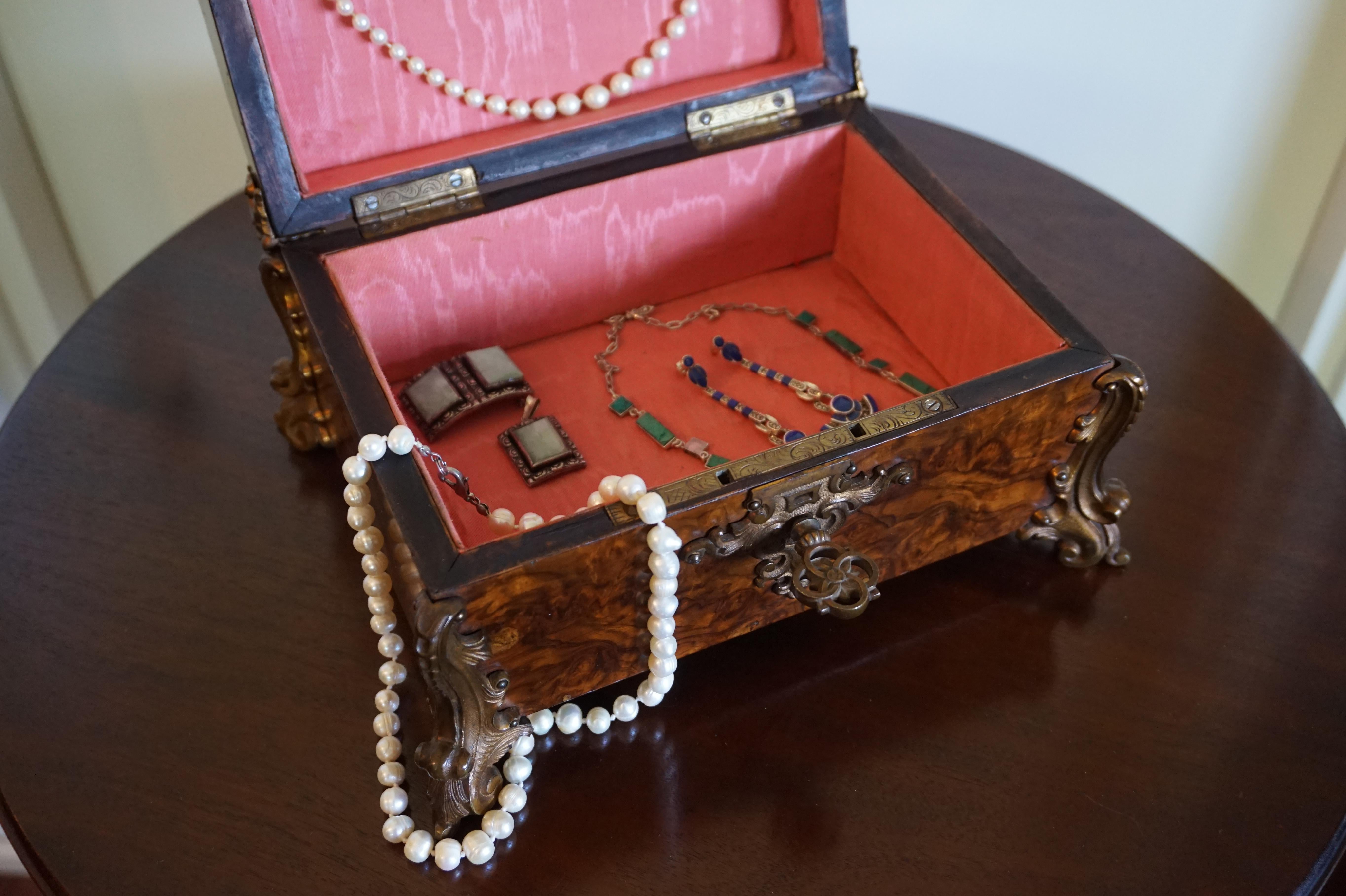 19th Century Stunning Late 1800s Bronze & Burl Walnut Jewelry Box, Great Patina, Lock & Key