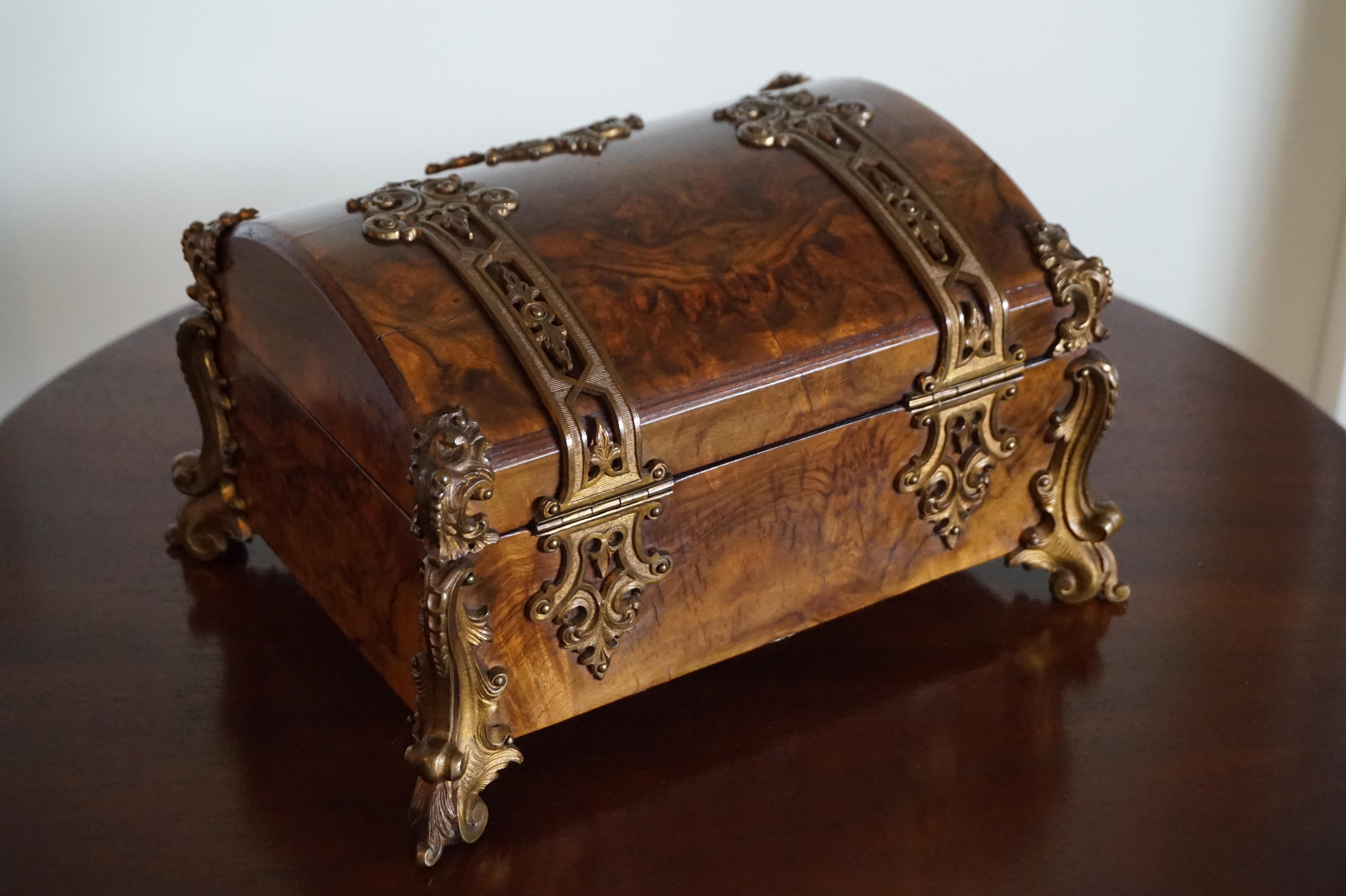 Stunning Late 1800s Bronze & Burl Walnut Jewelry Box, Great Patina, Lock & Key 2