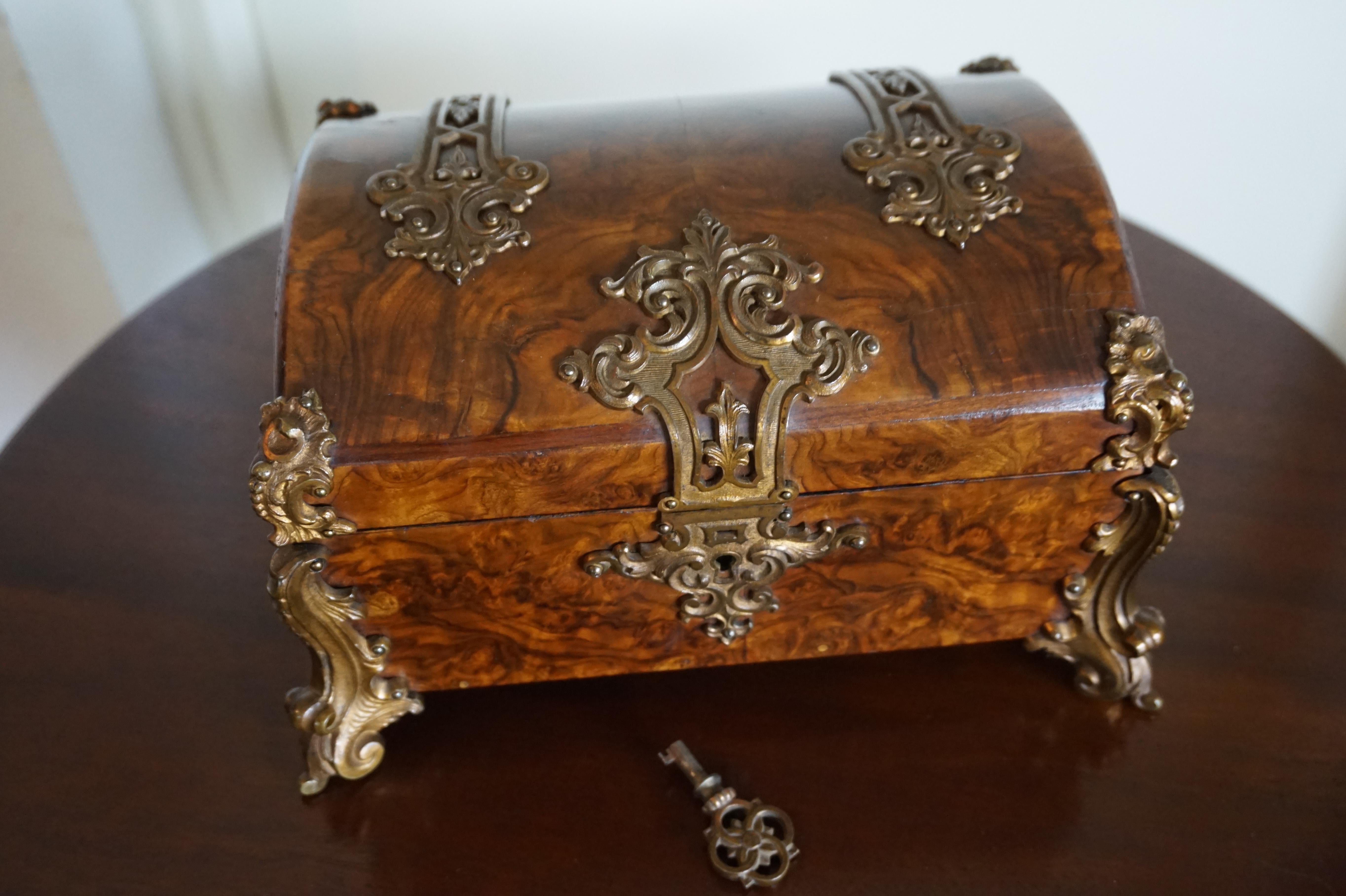 Stunning Late 1800s Bronze & Burl Walnut Jewelry Box, Great Patina, Lock & Key 4
