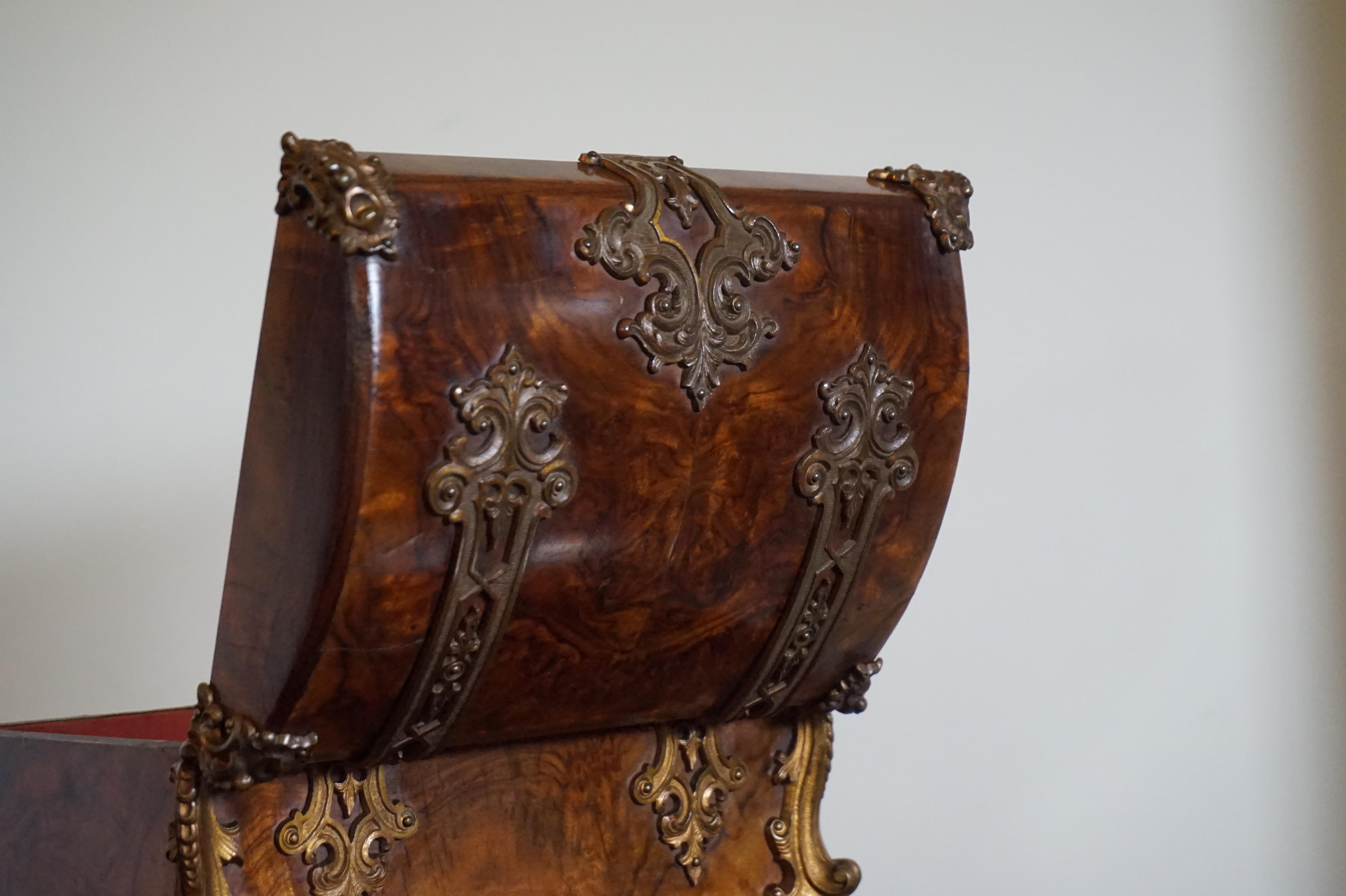 Stunning Late 1800s Bronze & Burl Walnut Jewelry Box, Great Patina, Lock & Key 5
