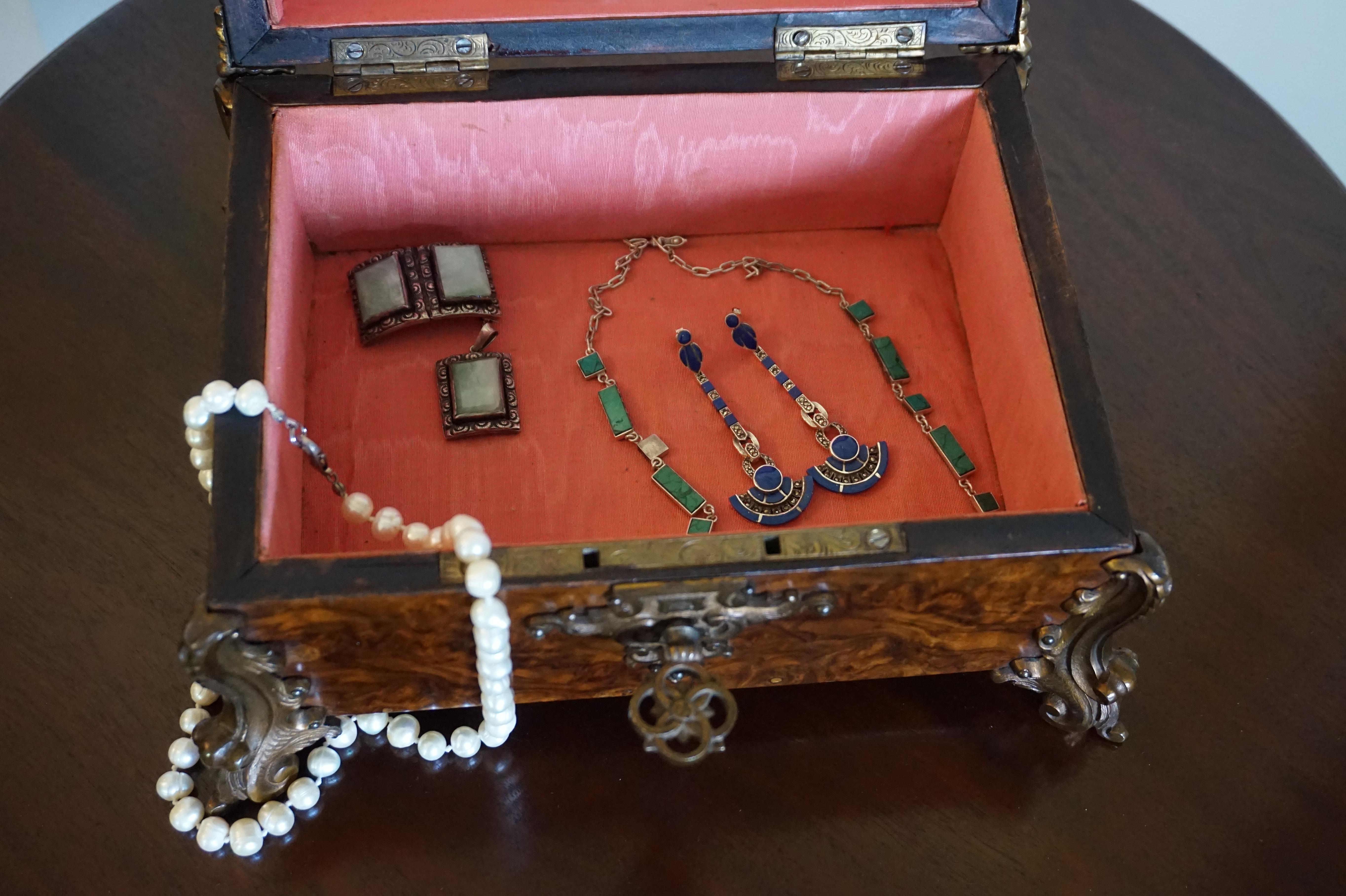 Stunning Late 1800s Bronze & Burl Walnut Jewelry Box, Great Patina, Lock & Key 7