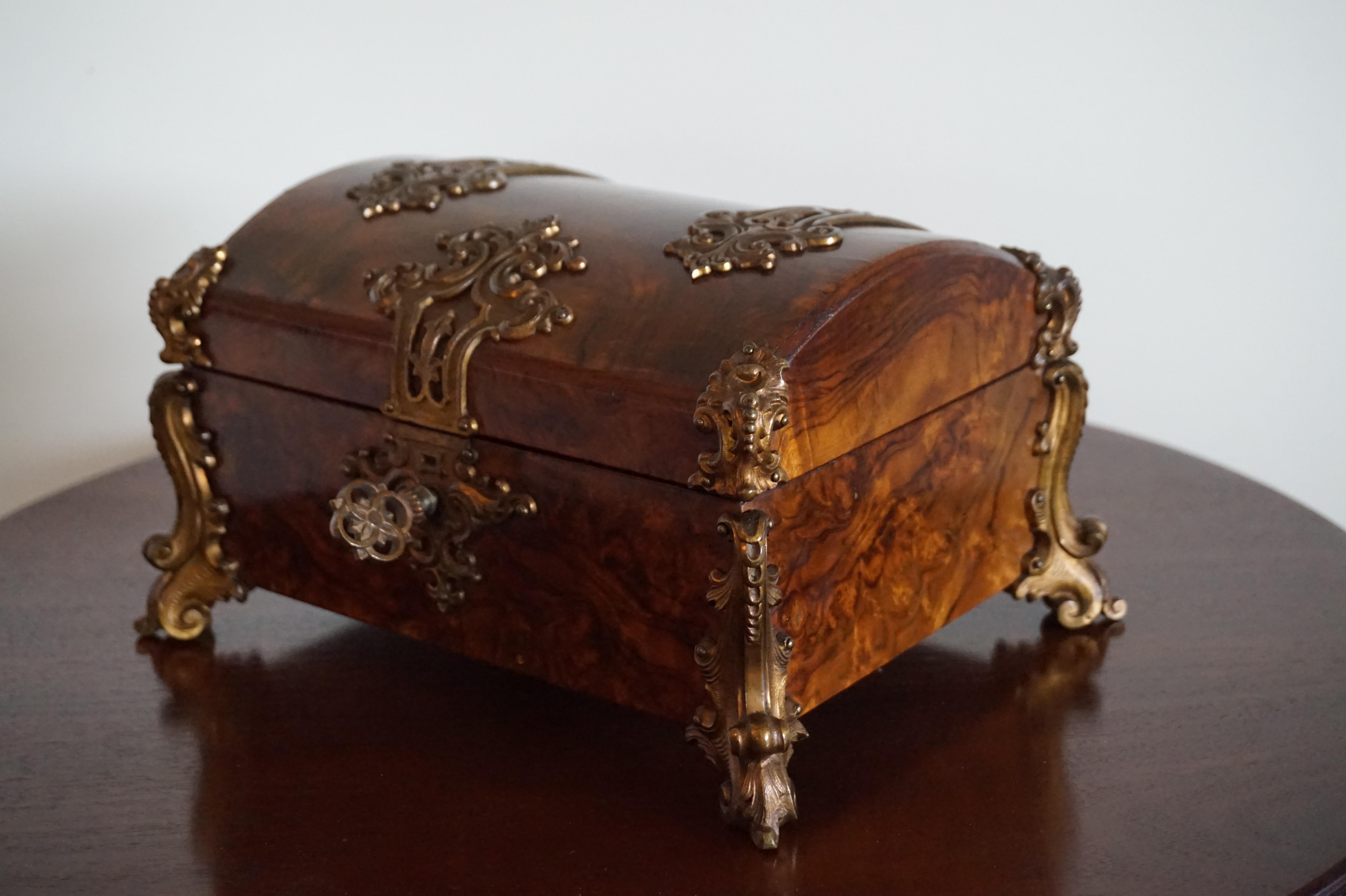 Stunning Late 1800s Bronze & Burl Walnut Jewelry Box, Great Patina, Lock & Key 8